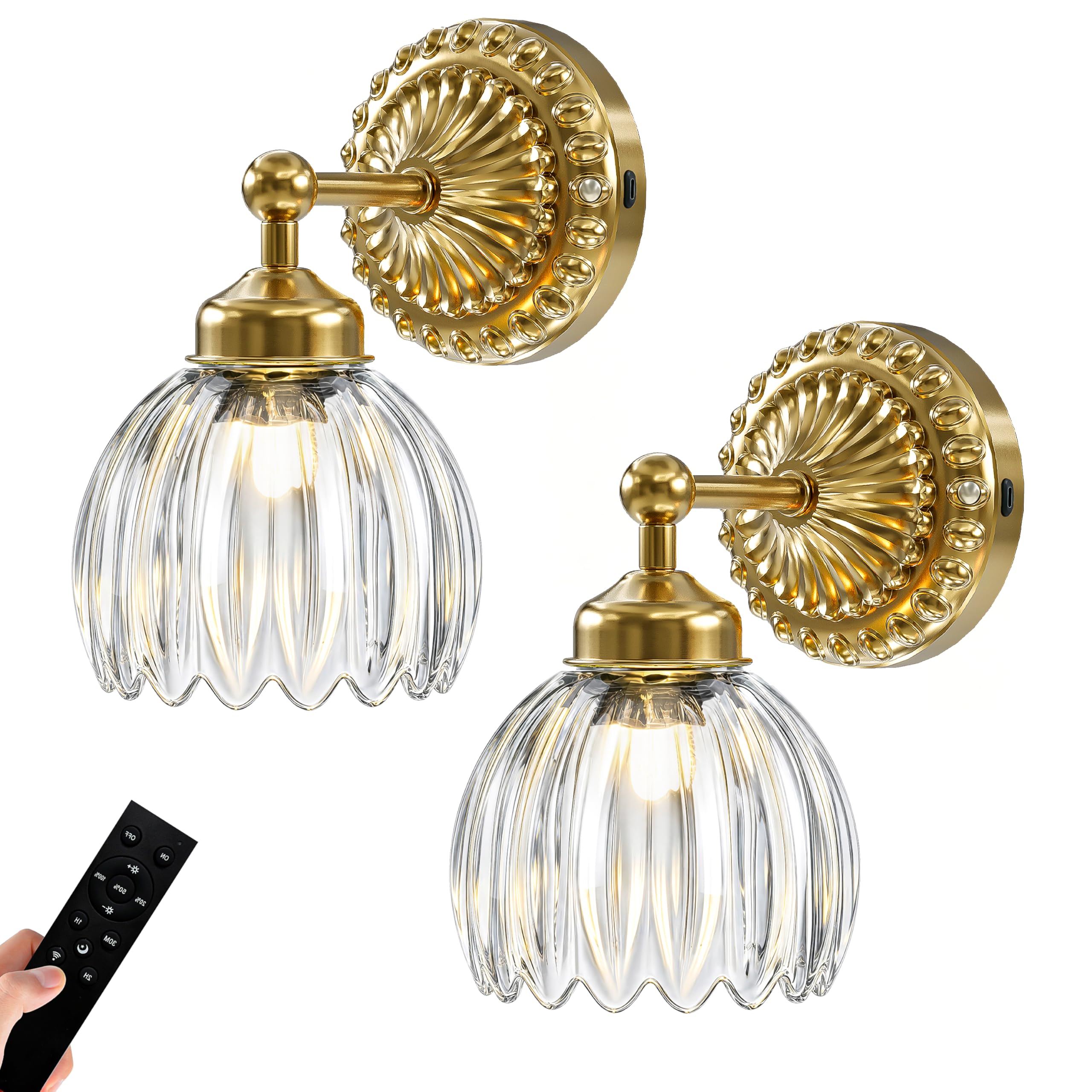 Vintage Battery Rechargeable Wall Lights Set of 2, Clear Tulip Glass Shade