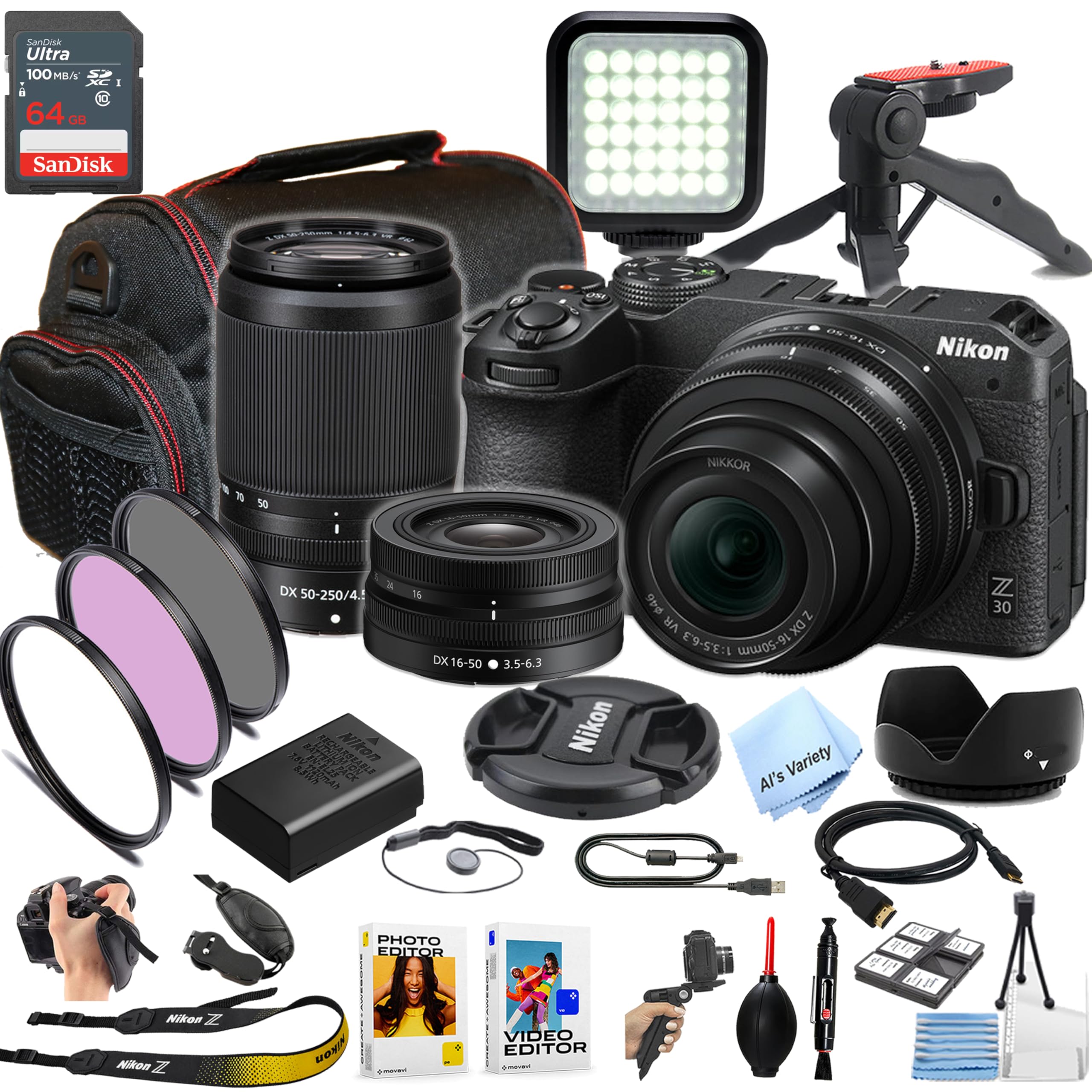 Nikon Z30 Mirrorless Digital Camera W/Nikkor Z 16-50mm & 50-250mm Lenses + 64GB Memory, LED Light, Filters, Case, Gripod, and More (Content Creator Bundle) (Renewed)