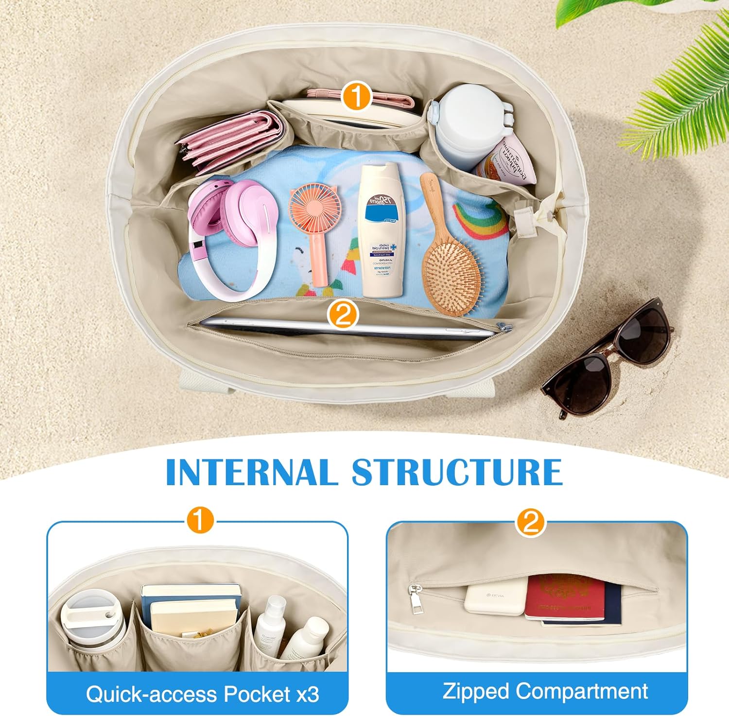 HUANLANG Large Beach Bags for Women Pool Bag with Zipper, Waterproof Sandproof Beach Tote Travel Bag with Wet Pocket | Waterproof, Large capacity, Dry/wet separation, Durable fabric, Cooling function, sandproof