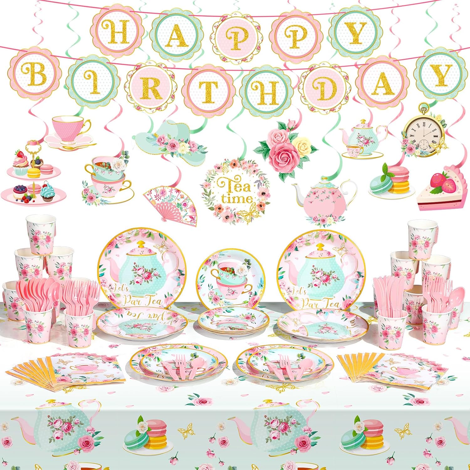 Havawish 140 Pcs Floral Tea Party Birthday Decorations Girls Floral Tea Party Paper Plates Napkins Cups Tableware Set Birthday Banner Tablecloths Hanging Swirls for Teapot Shower Supplies