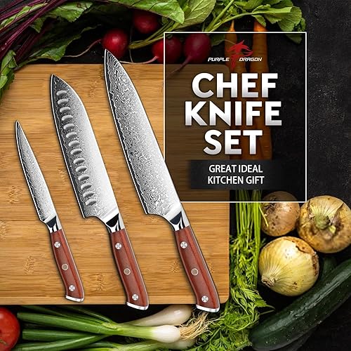 Miniatura 7 de Purple Dragon Juego de cuchillos de Damasco  Juego de 3 cuchillos de cocina  Cuchillos de chef japoneses de acero VG10 de 8 pulgadas, cuchillos