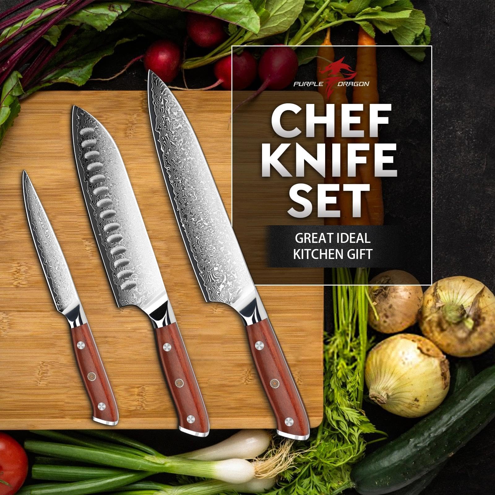 Purple Dragon Damascus Knife Set - 3 Piece Kitchen Collection -7 Purple Dragon Damascus Knife Set - 3 Piece Kitchen Collection -7