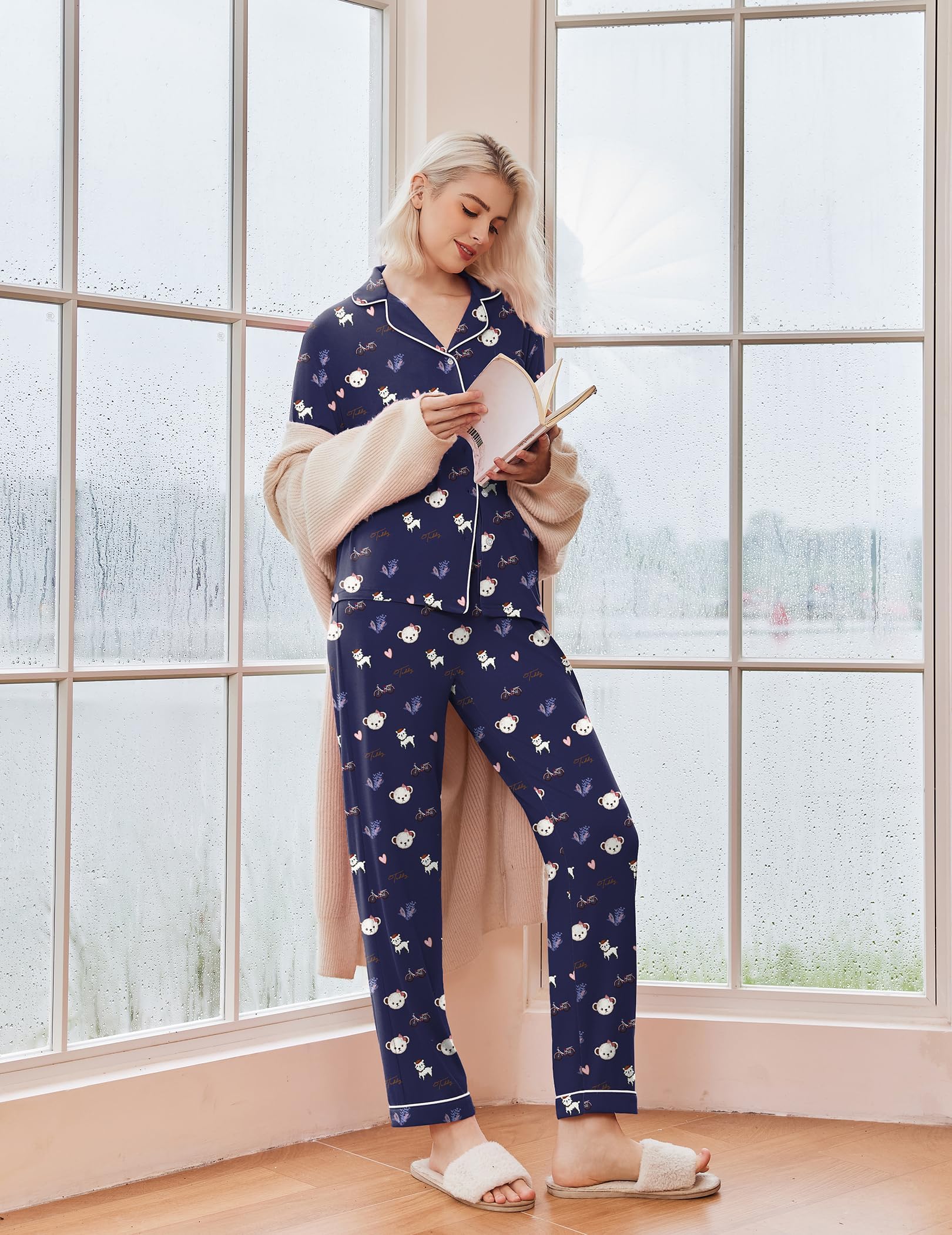 Ekouaer Pigiama Donna Maniche Lunghe Set Pigiama a Due Pezzi con Bottoni Abbigliamento da Notte Morbido Sleepwear Top e Pantaloni Pigiama XS-XXL