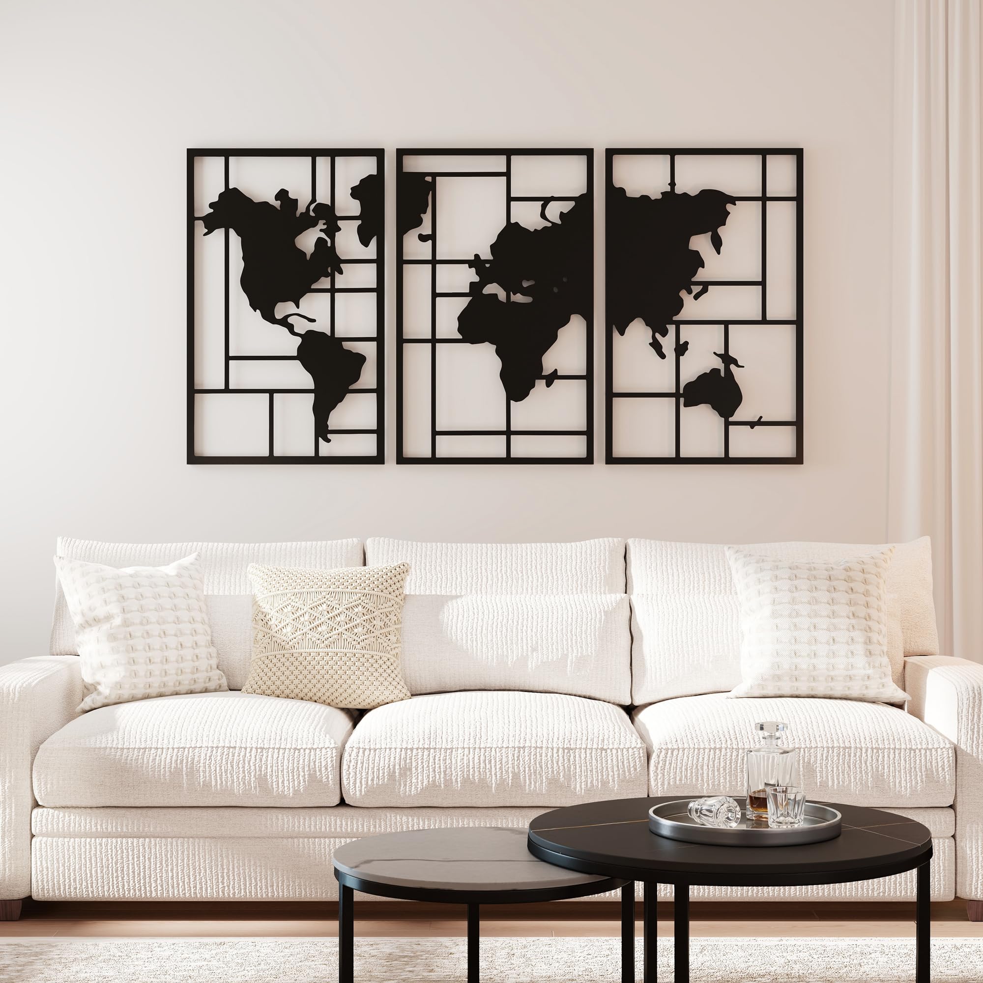 HOMCOM Wanddeko Weltkarte Metall 3er-Set 3D Wanddekoration Wandkunst für Wohnzimmer Schlafzimmer Flur, 50 x 80 cm, Schwarz