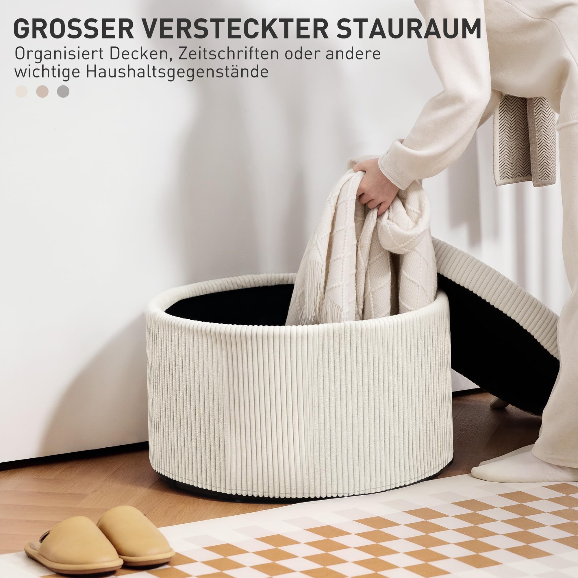 HOMCOM Sitzhocker mit Stauraum mit Deckel 60 x 60 x 41 cm Beige Cord