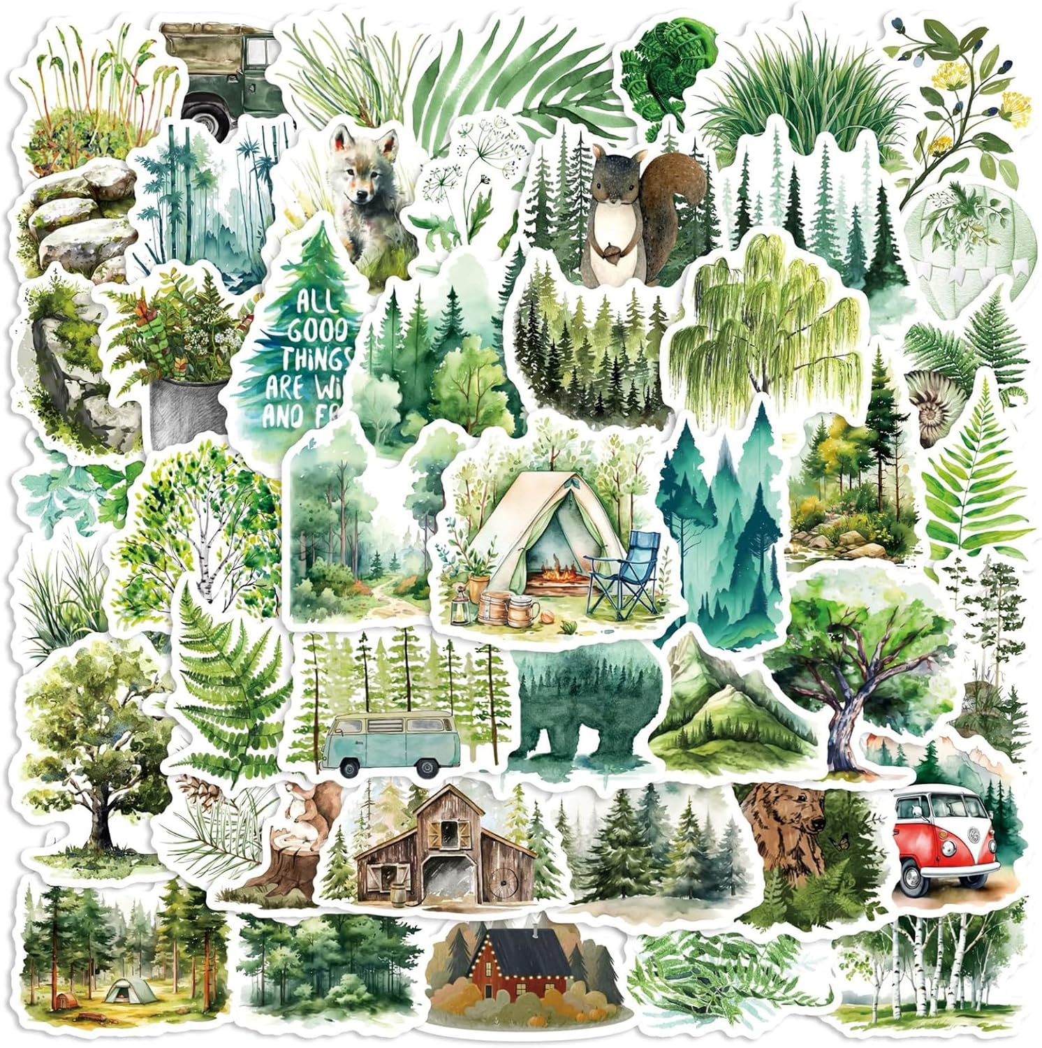 50Pcs Forest Stickers Adventure Aesthetic Outdoor Sticker Nature and Tree Vinyl Waterproof Stickrs for Water Bottles Laptops Bike Car Motorcycle Skateboard(Colourful-T4)