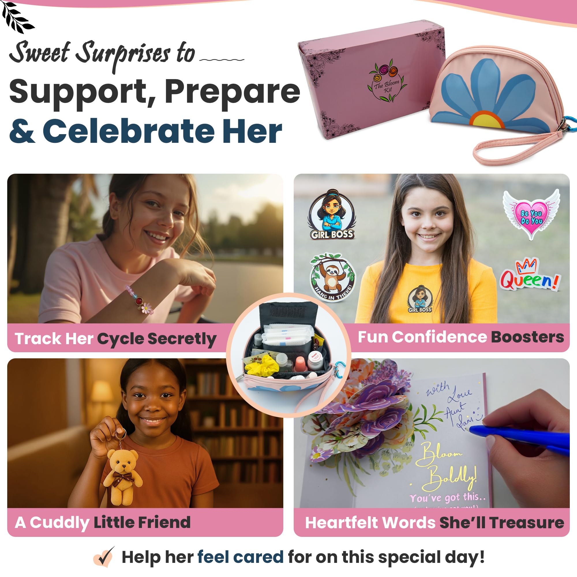 The Bloom Set für die erste Periode für Mädchen 9–10–12–14 für die Schule, Menstruations-Starter-Set, Geschenke für Teenager, Mädchen, inklusive Aufbewahrungstasche für Damenbinden, Pads, Feuchttücher