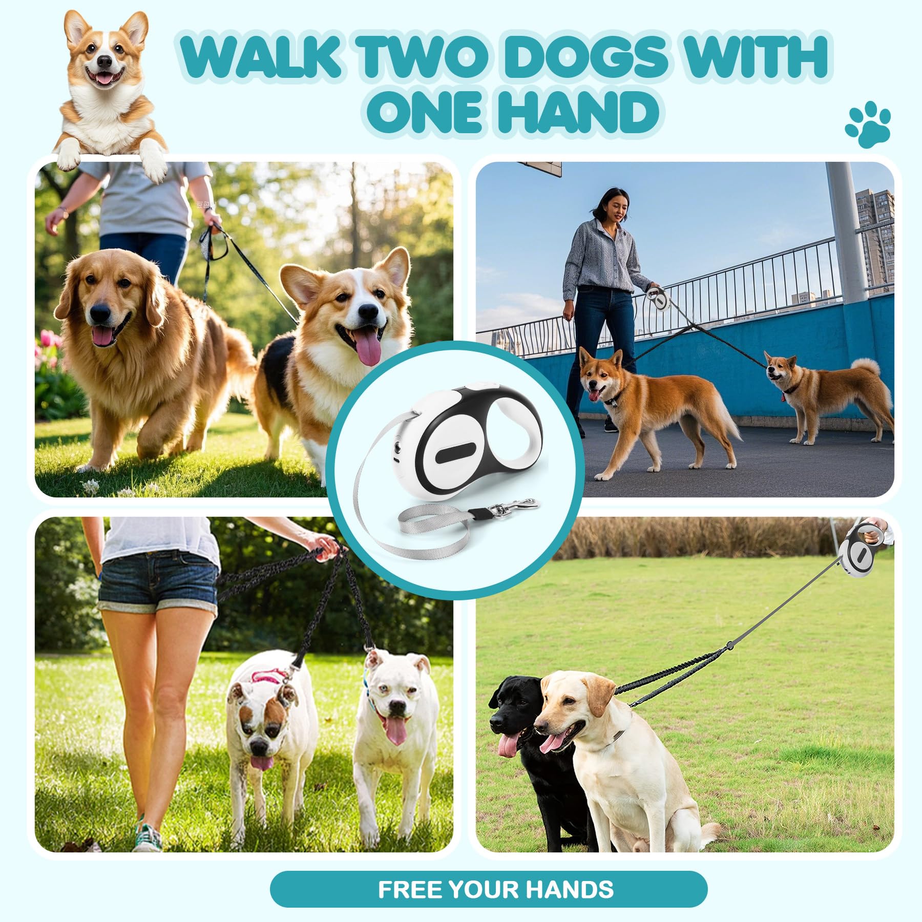 Laisse double rétractable pour 2 grands chiens (jusqu'à 65 kg chacune), laisse à 2 têtes avec sacs à déjections canines et lumière LED rechargeable, pivot sans nœuds, verrouillage à un bouton (vert