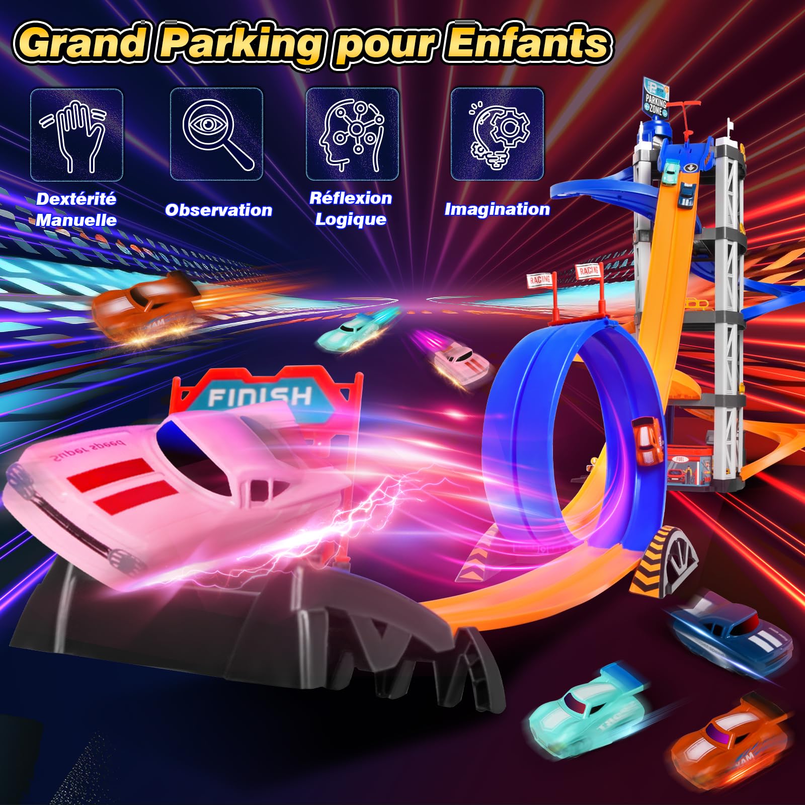 Charmofun 5 Etages Garage pour Enfants, Circuit Voiture Enfant avec 8 Voitures, Double Rampe, Ascenseur, Son et Lumière, Grand Garage Voiture Parking Jouet Enfants 3 4 5 6 7 8 Ans