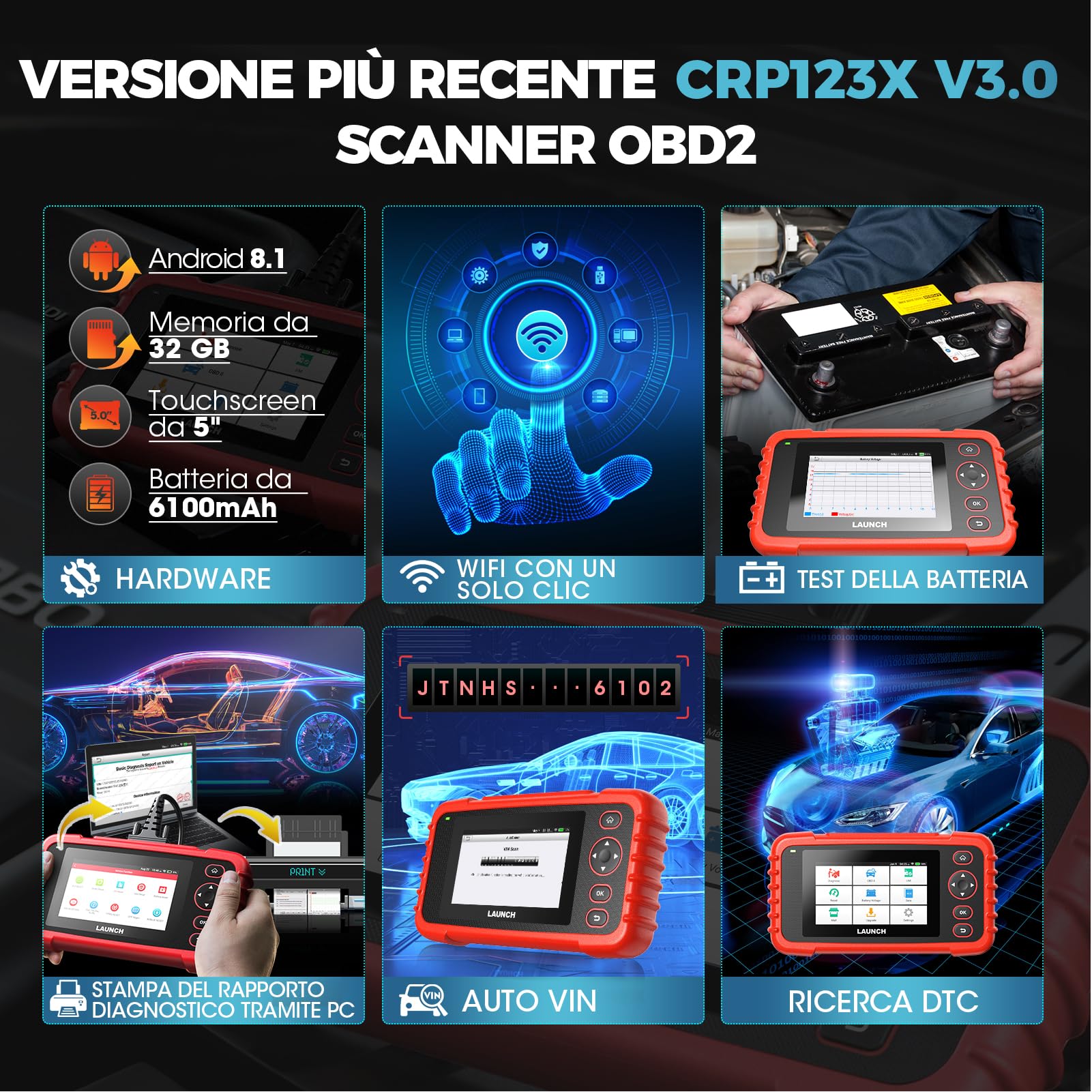 LAUNCH CRP123X V3.0 - OBD2 Diagnostica Auto Professionale per Tutte le Marche - Scanner 4 Sistemi, Reset EPB/FAP/Olio, SAS/BMS/TPMS, Test Batteria, Lettura VIN CON AGGIORNAMENTI GRATUITI A VITA