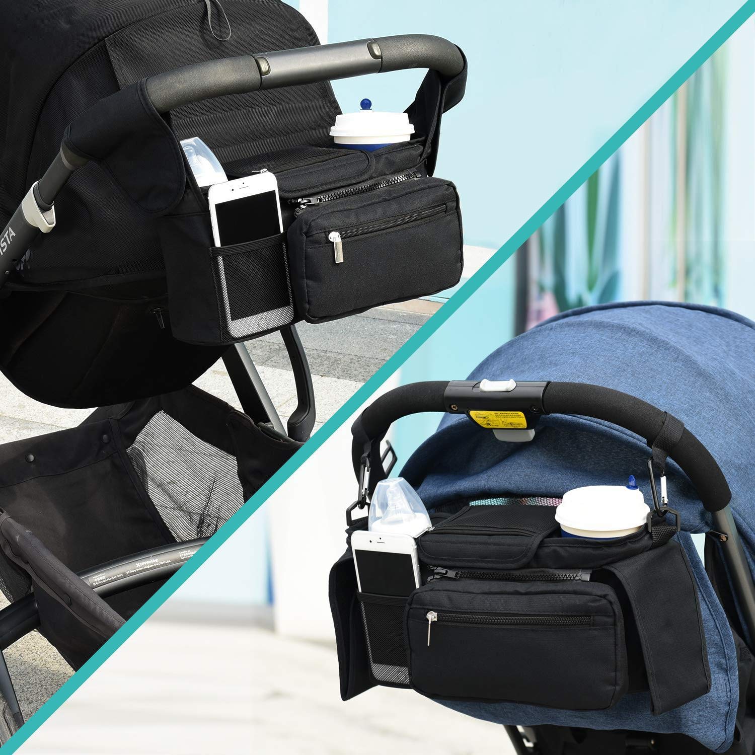 PAIKIUU Pram Organiser Bag Pushchair Organiser Buggy Organiser Bag Stroller Organiser Bag with 3 Insulated Cup Holder Zippered Pocket Adjustable Shoulder Strap for Any Pram Handlebar - Image 2