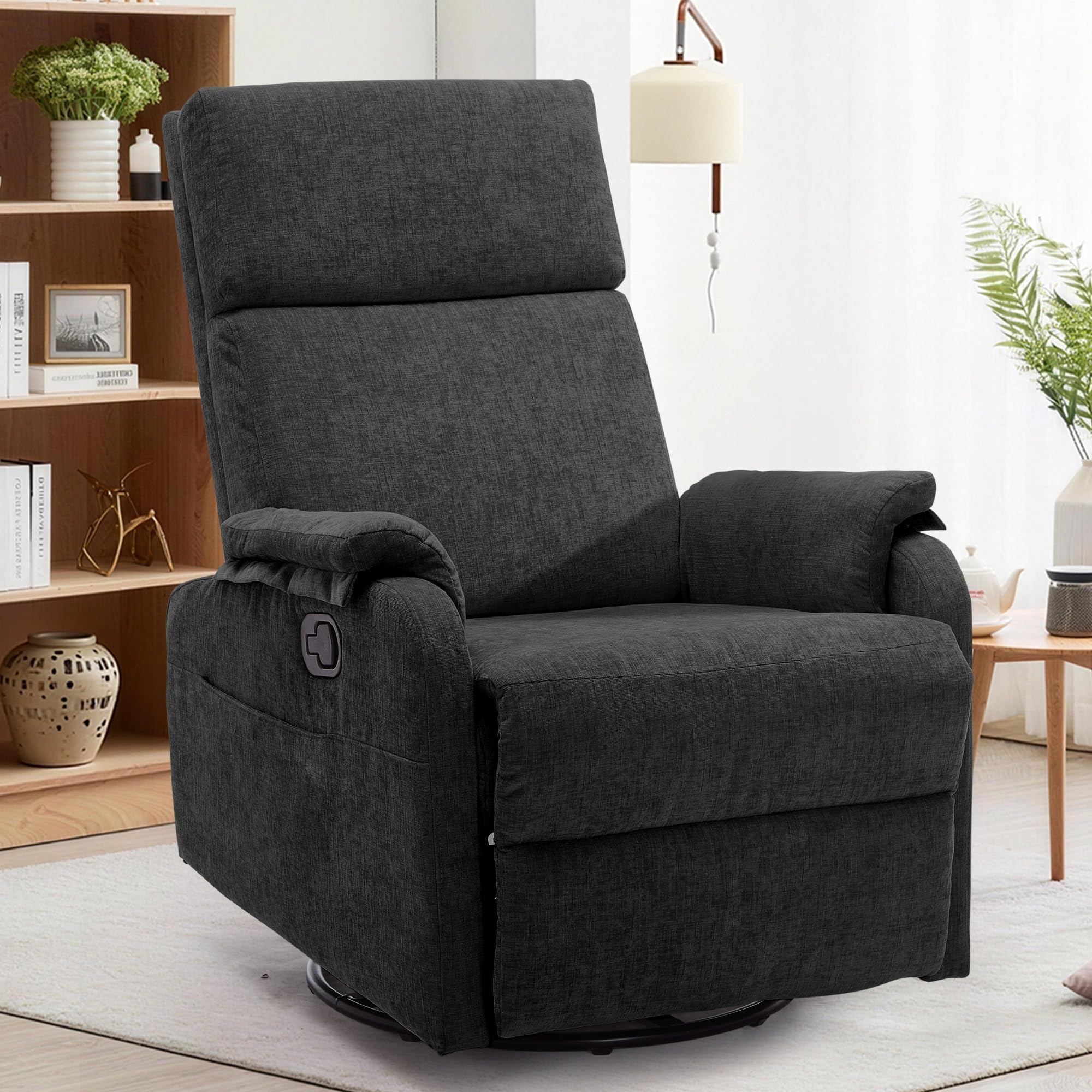 Korser Recliner Chair, Swivel Rocking Recliner Chair for Adults, Glider Rocking Chair, Small Nursery Chair Recliner for Living Room, Reclining Chair with Modern-Designed Armrests, Chenille, Black