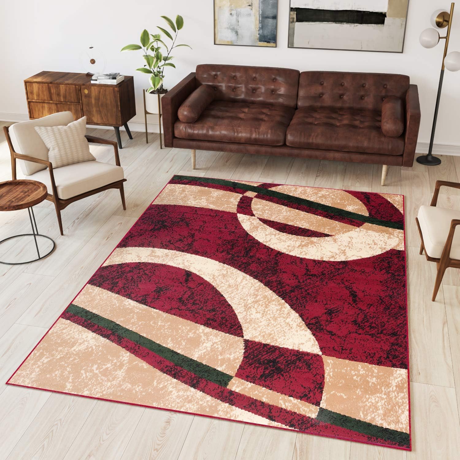 TAPISO Dream Alfombra Salón Comedor Dormitorio Moderno Rojo Beige Crema Olas Círculos Moteada Fina Suave 200 x 300 cm