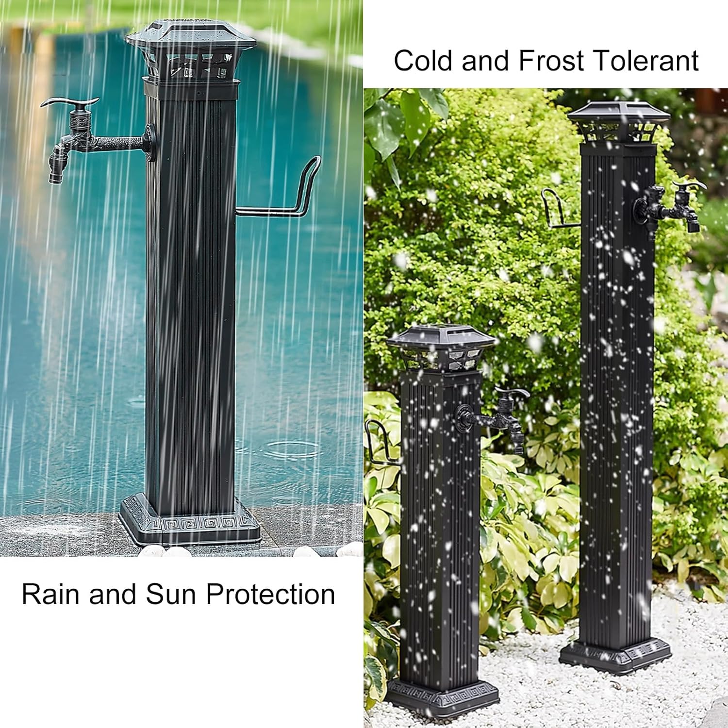 Durable Solar Light Water Column for Outdoor Faucet - Freestanding Hose Stand with Long Spigot - Frost-Free, Floor Mount Garden Fixture (110cm Black)