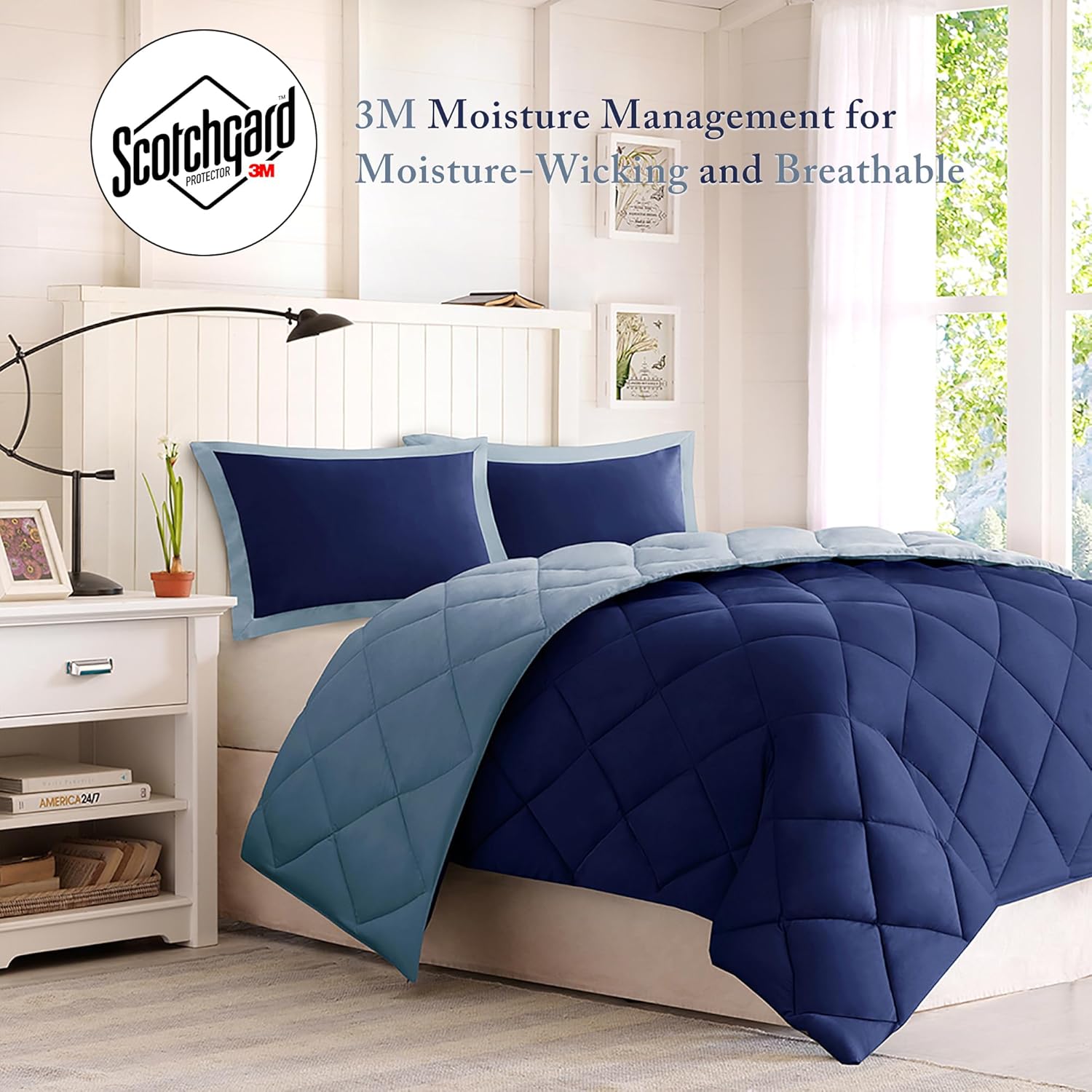 Madison Park Essentials Larkspur All Season Reversible Two Sides Down Alternative Comforter Set 3M Stain Release Comforters, King, Navy/Light Blue