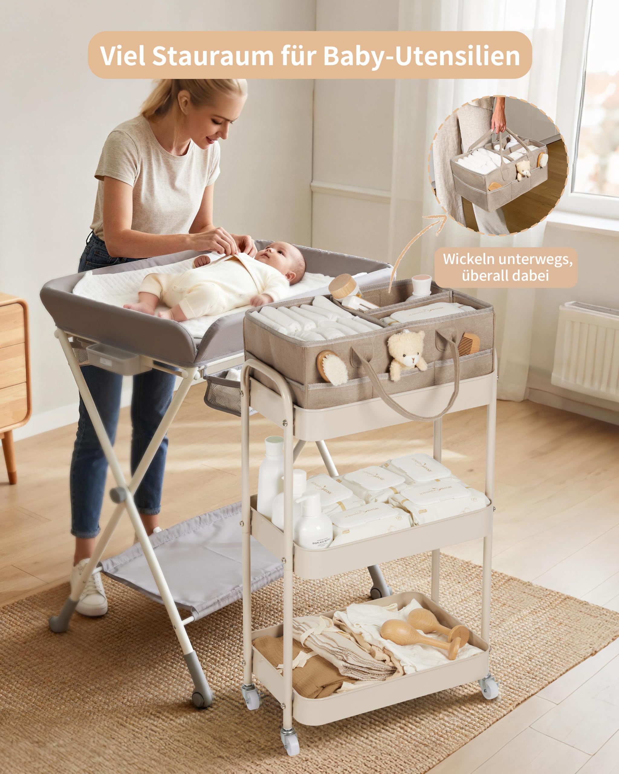 Fortella Wickeltisch Organizer Tragbar mit Rollwagen, für Baby Erstausstattung Neugeborene Wickeltasche und Newborn Baby Essentials, Auch als Servierwagen mit Rollen, Küchenregal Kleines Regal (Braun)