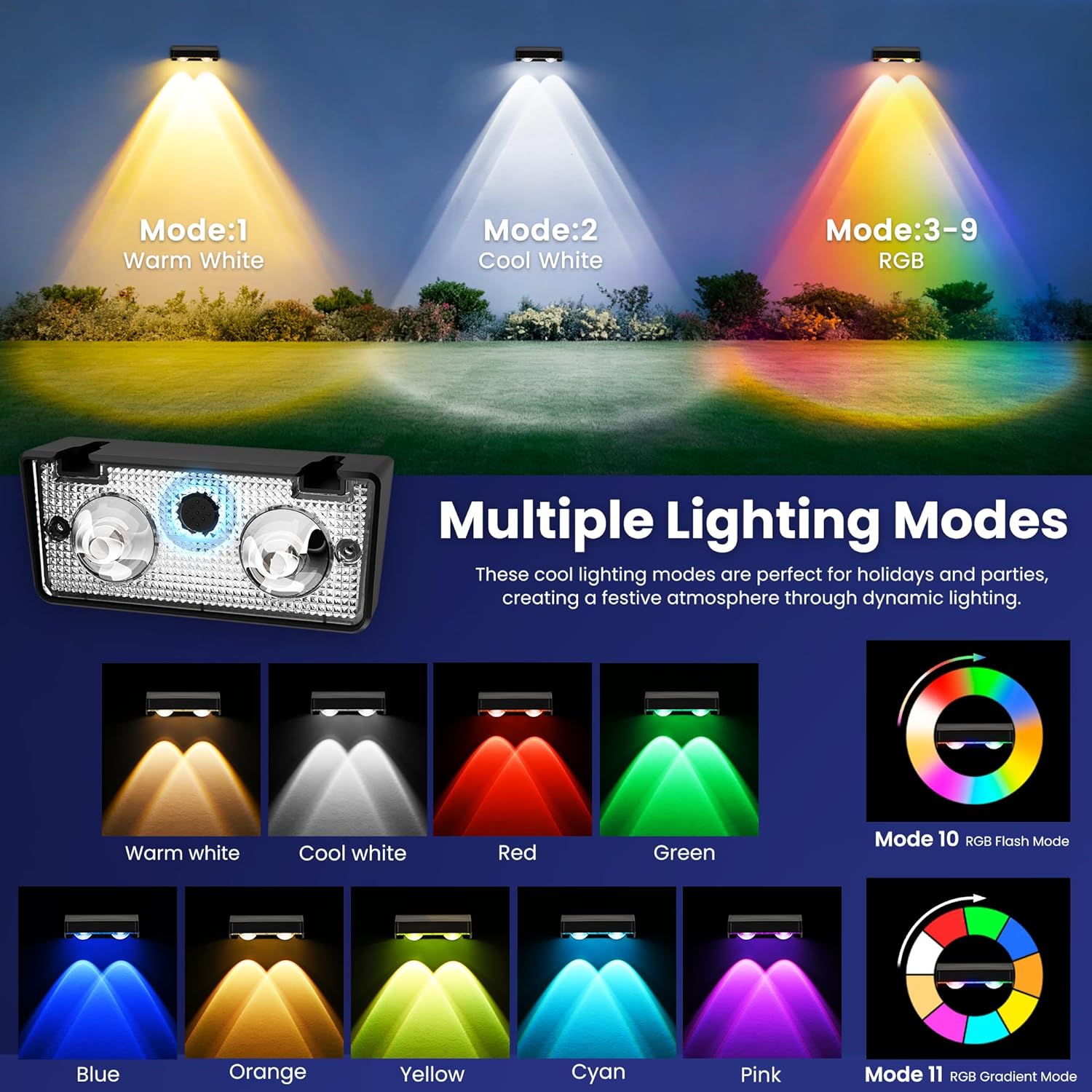 Solar Fence Lights Outdoor 16 Pack, 50 LM 11 Modes & 9 Colors Solar Lights with Brighter LED Focus Lens Waterproof IP65 for Wall Backyard Deck Patio Porch Step Railings Pool Decor