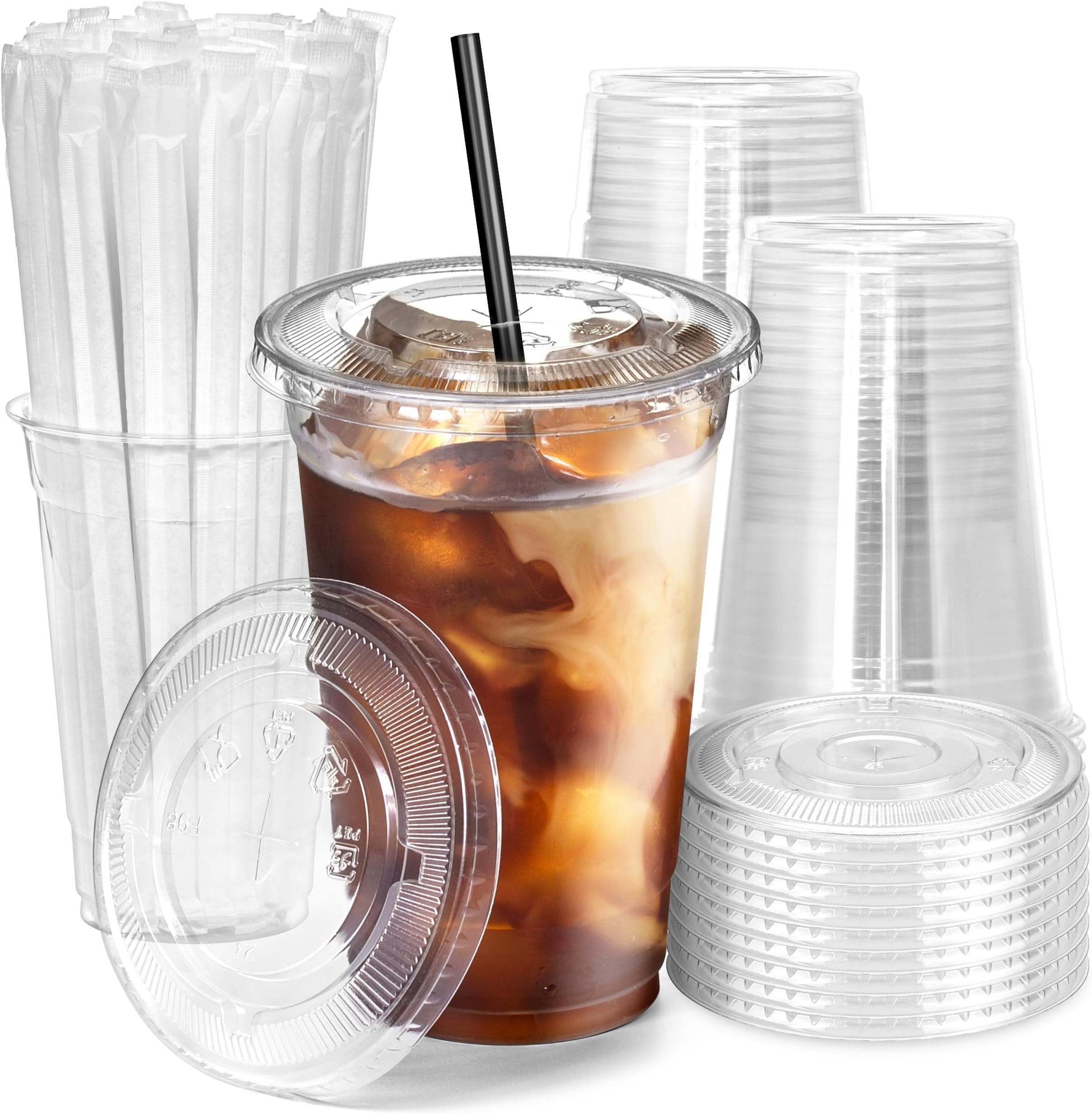 Fit Meal Prep 100 Pack 20 oz Plastic Iced Coffee Cups with Flat Lids and Black Straws, Disposable Clear Cup, BPA Free Cup for Party, Smoothie, Cold Drinks, Juice, Milkshake, Bubble Boba, Tea