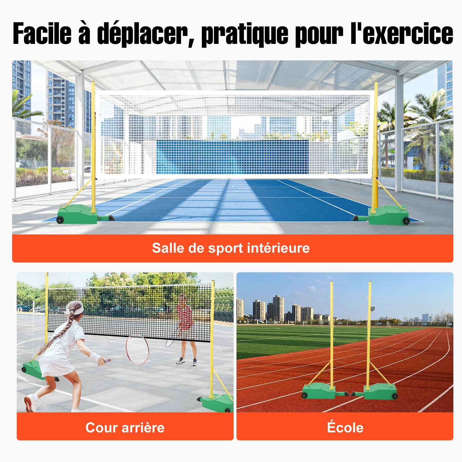 Support de Filet de Badminton Portable, Support de Badminton Mobile sur roulettes, poteaux de Badminton intérieur/extérieur avec Base/Filet lesté, pour Entraînement Sportif