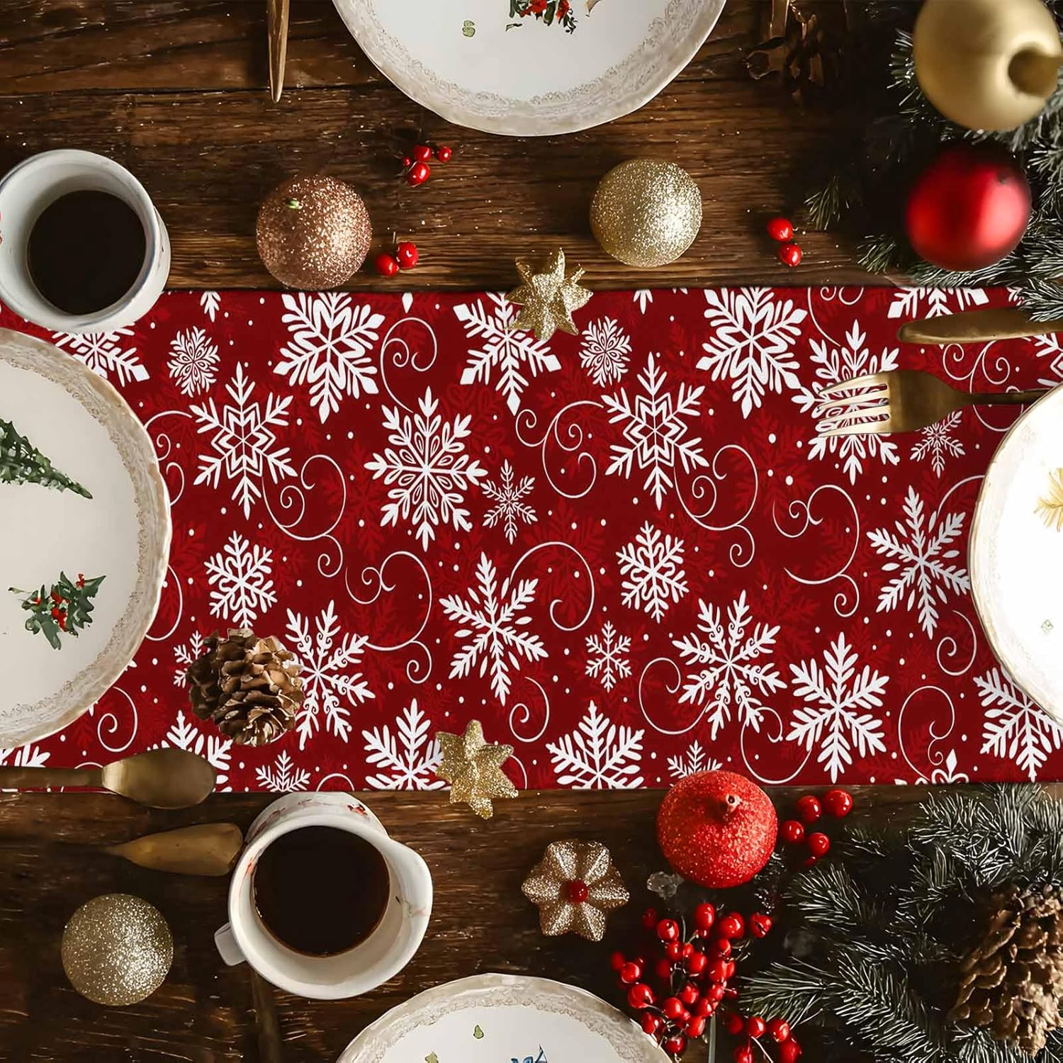 Red Snowflakes Table Runner 108 Inches Long for Dining Table Decor, Cotton Linen Farmhouse Table Runner Washable Coffee Table Runners Dresser Scarf for Kitchen Party Holiday Seasonal Winter Christmas
