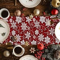 Vista 3 de Camino de mesa de copos de nieve rojos de 36 pulgadas de largo para decoración de mesa de comedor, camino de mesa de lino de algodón lavable, camino