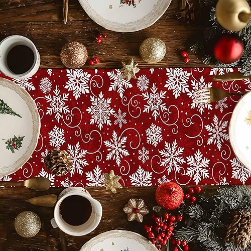 Miniatura 3 de Camino de mesa de copos de nieve rojos de 60 pulgadas de largo para decoración de mesa de comedor, camino de mesa de lino de algodón, camino de mesa