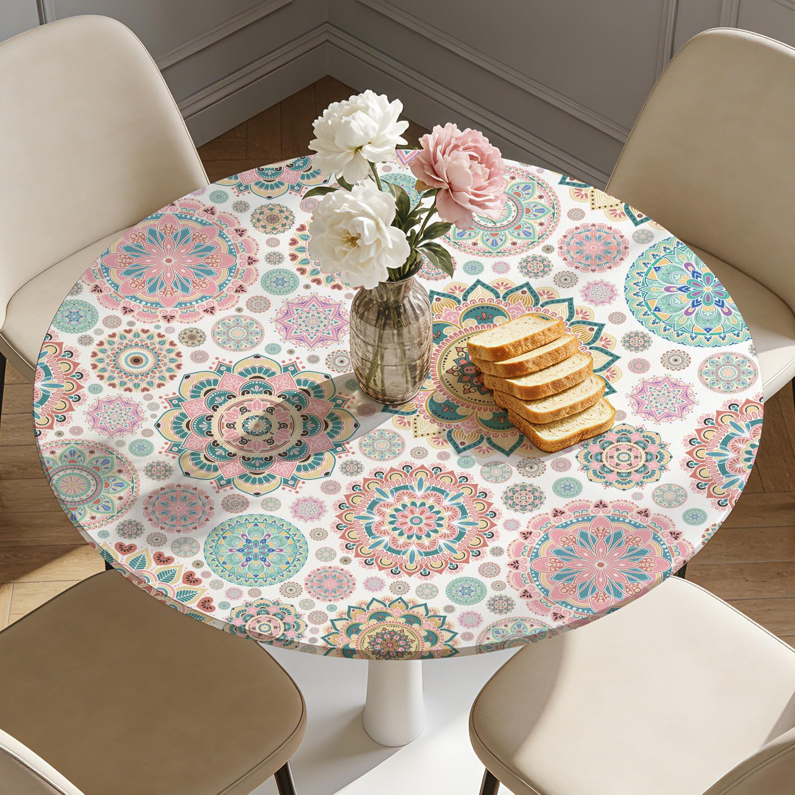 CUTHOLLOW Tischdecke Rund Mit Gummizug Ø42in(106cm) - Retro Mandala Muster