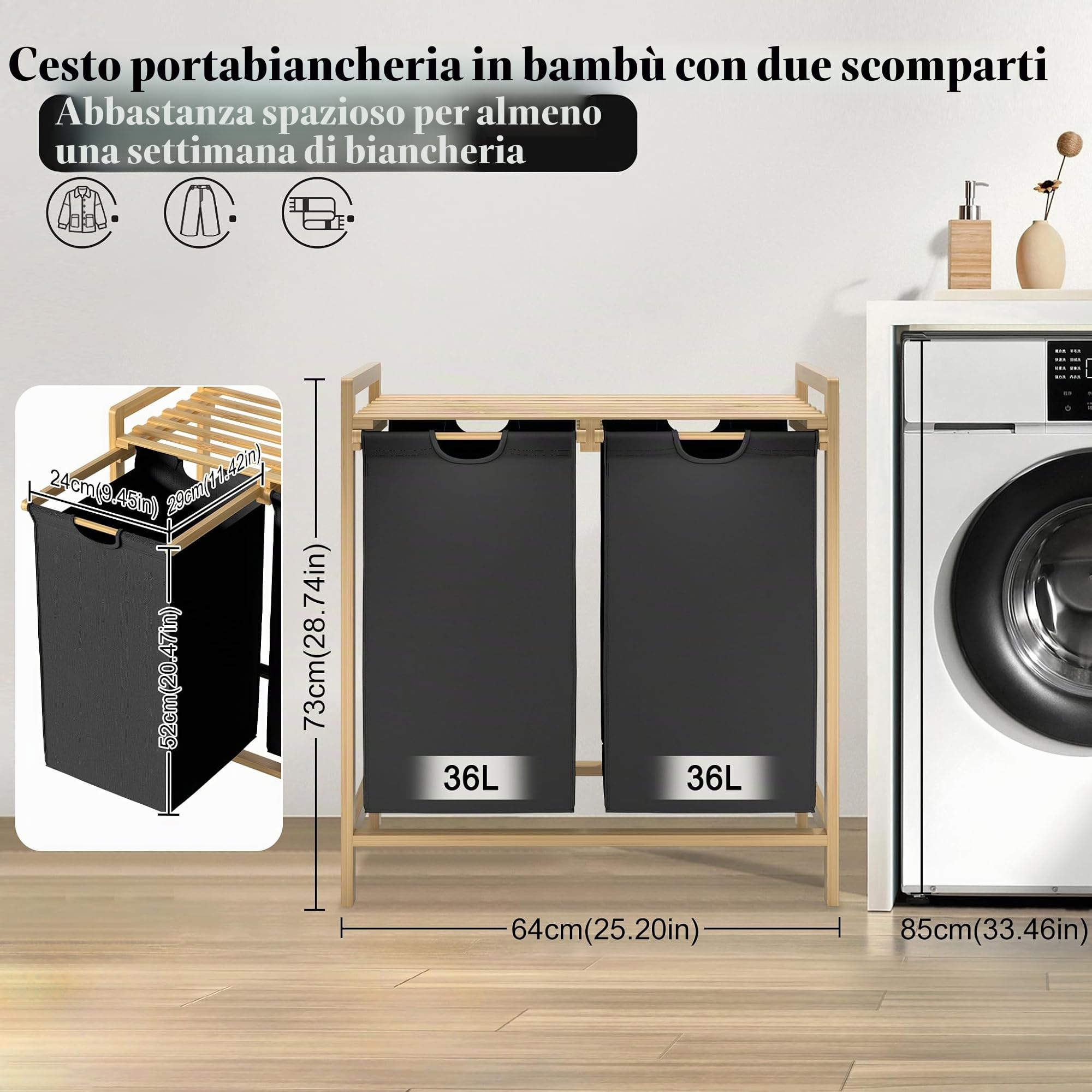 Froadp Cesto portabiancheria con telaio in bambù, sacchetto in tessuto Oxford rimovibile e lavabile, 2 scomparti separati, per la casa, nero, 73 x 64 x 33,5 cm