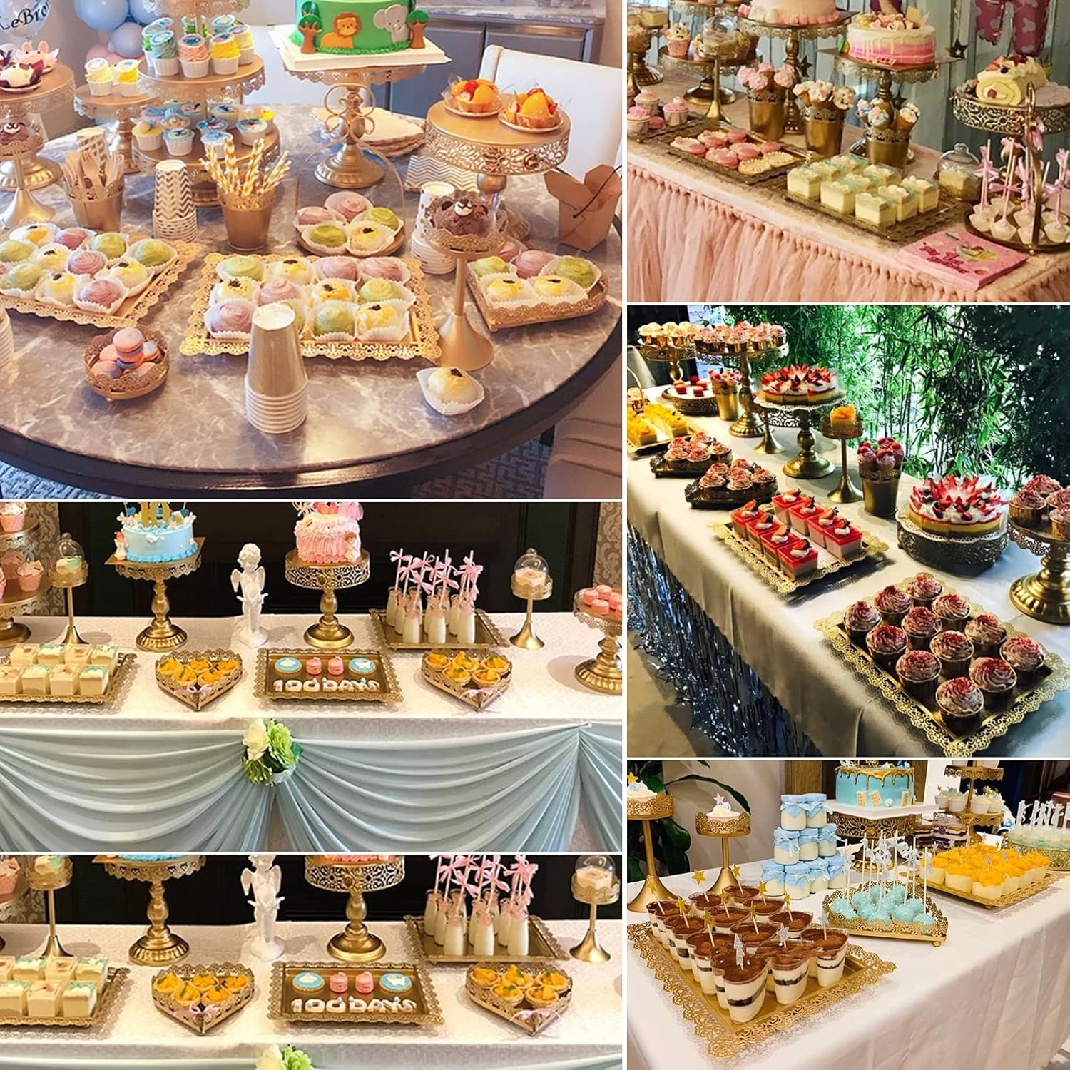 4Pcs Rectangle Iron Cupcake Serving Tray Fruit Dessert Plates for Party Anniversary Wedding Christmas Baby Shower (Gold)