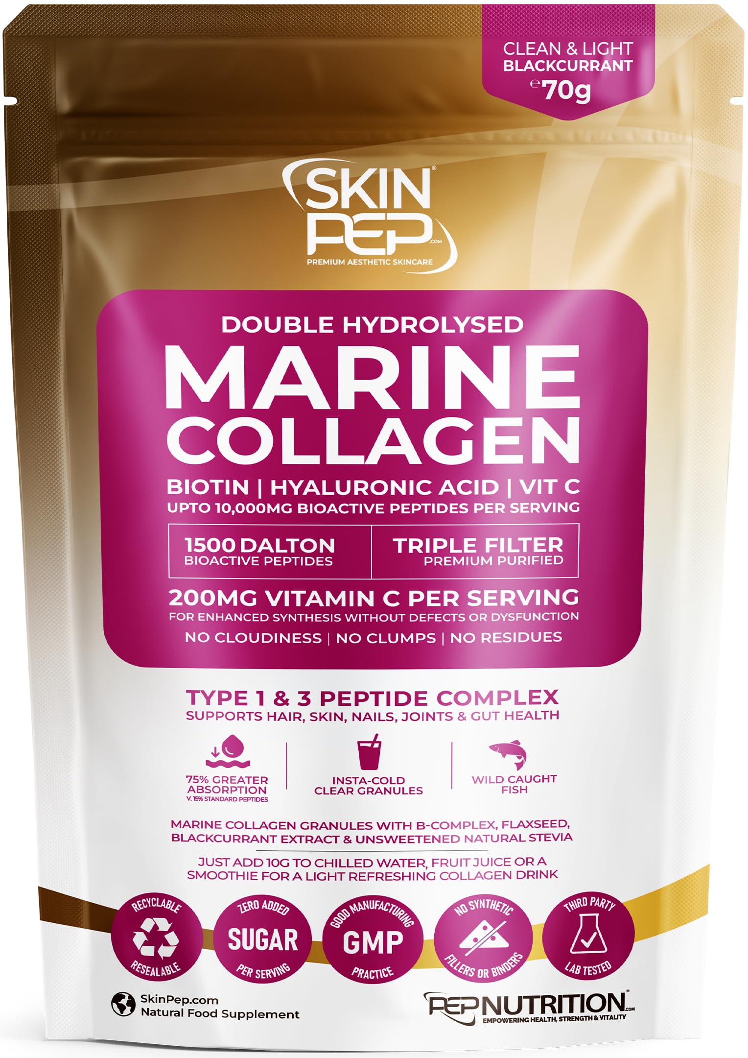 Premium Hydrolysed Marine Collagen Peptide Powder + VIT C, B Complex Hyaluronic Acid, & Stevia. Delicious Taste/No Fishy Smell - SkinPep® Collagen Re-Nu 70g