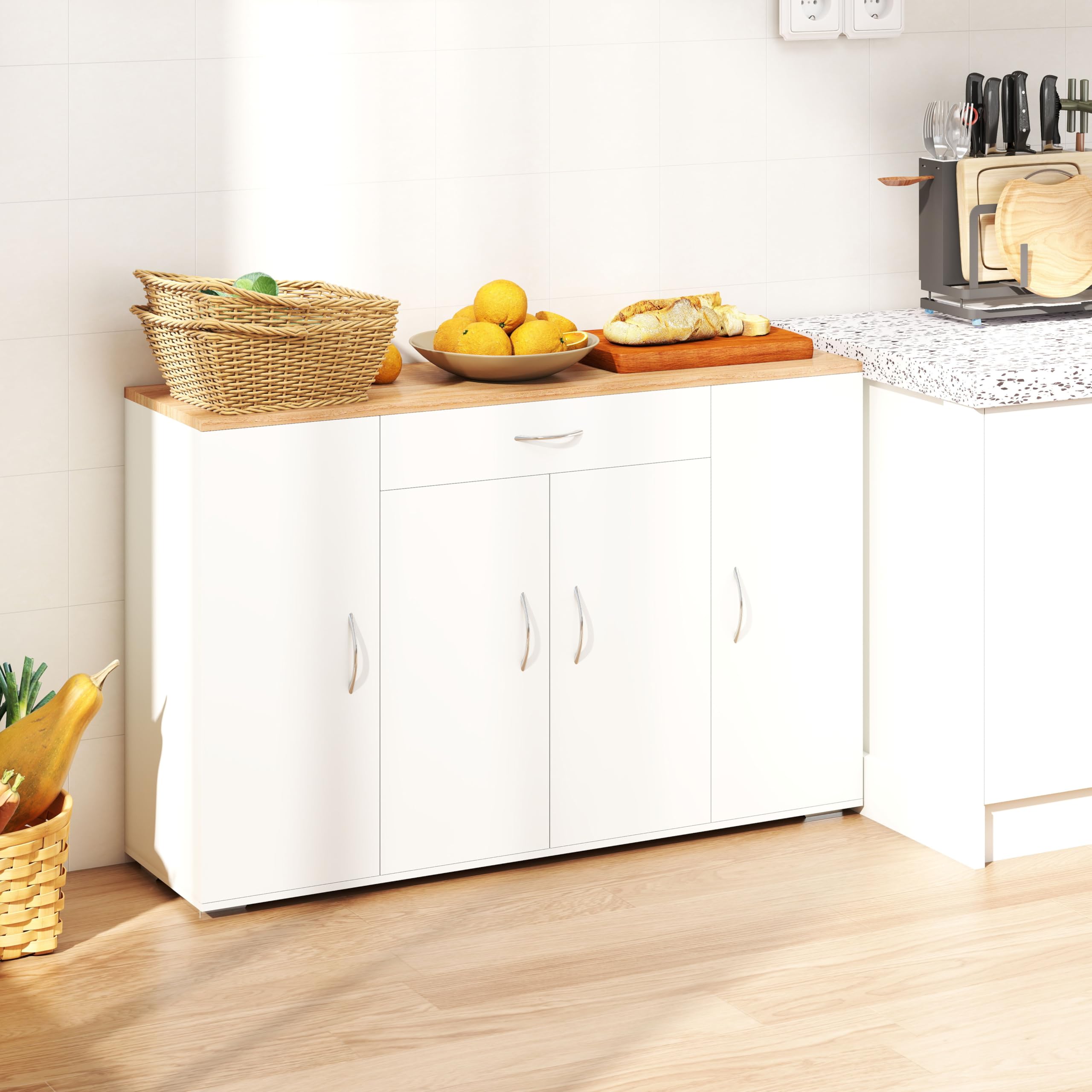 Credenza Cucina Bianca con Piano di Lavoro 110 x 30 x 70 cm Mobile Cucina Salvaspazio con Cassetto e 4 Ante Dispensa Cucina Madia Soggiorno Sala da Pranzo Moderna