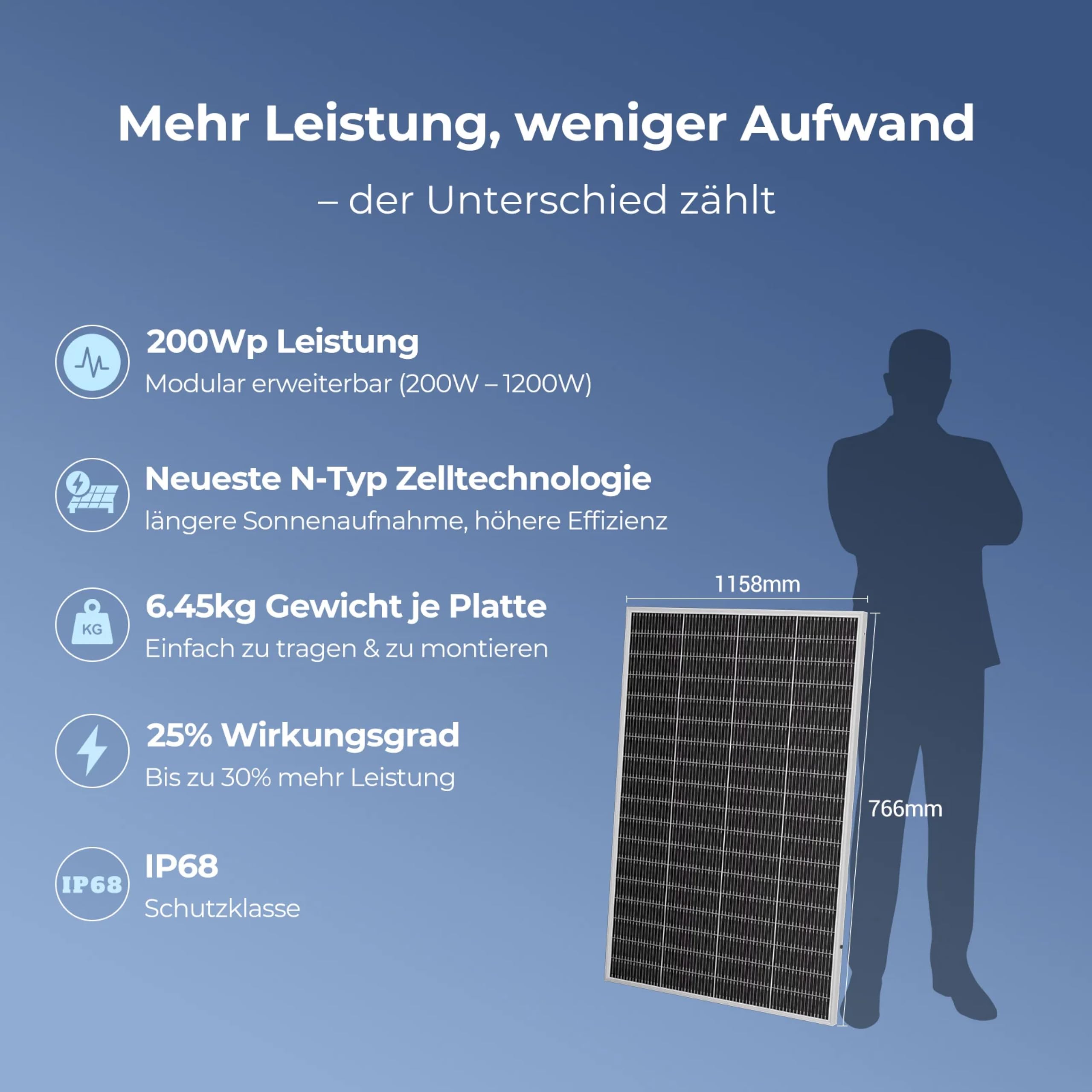 Ray Lite Solarpanel 200W – N-Typ Monokristallin – 25 % Wirkungsgrad – Plug & Play – Für Balkonkraftwerk & PV-Anlagen – Hochleistungs-Solarmodul Einzelstück