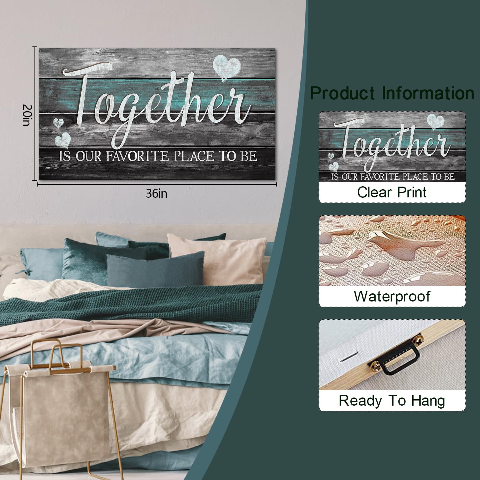 SkenoArt Lienzo decorativo para pared con citas inspiradoras de familia, estilo rústico Together is Our Favorite Place to Be Signs, baño, dormitorio, decoración de pared, fácil de colgar, 20 x 36