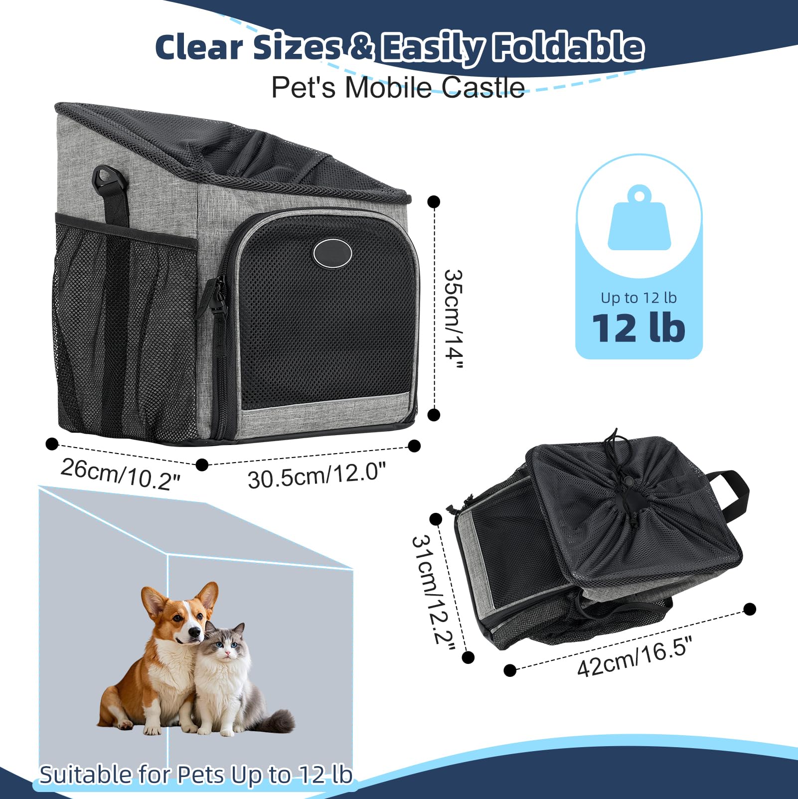 Cesta de bicicleta para perros delantera transpirable, mochila plegable para perros hasta 5,5 kg, montaje ajustable