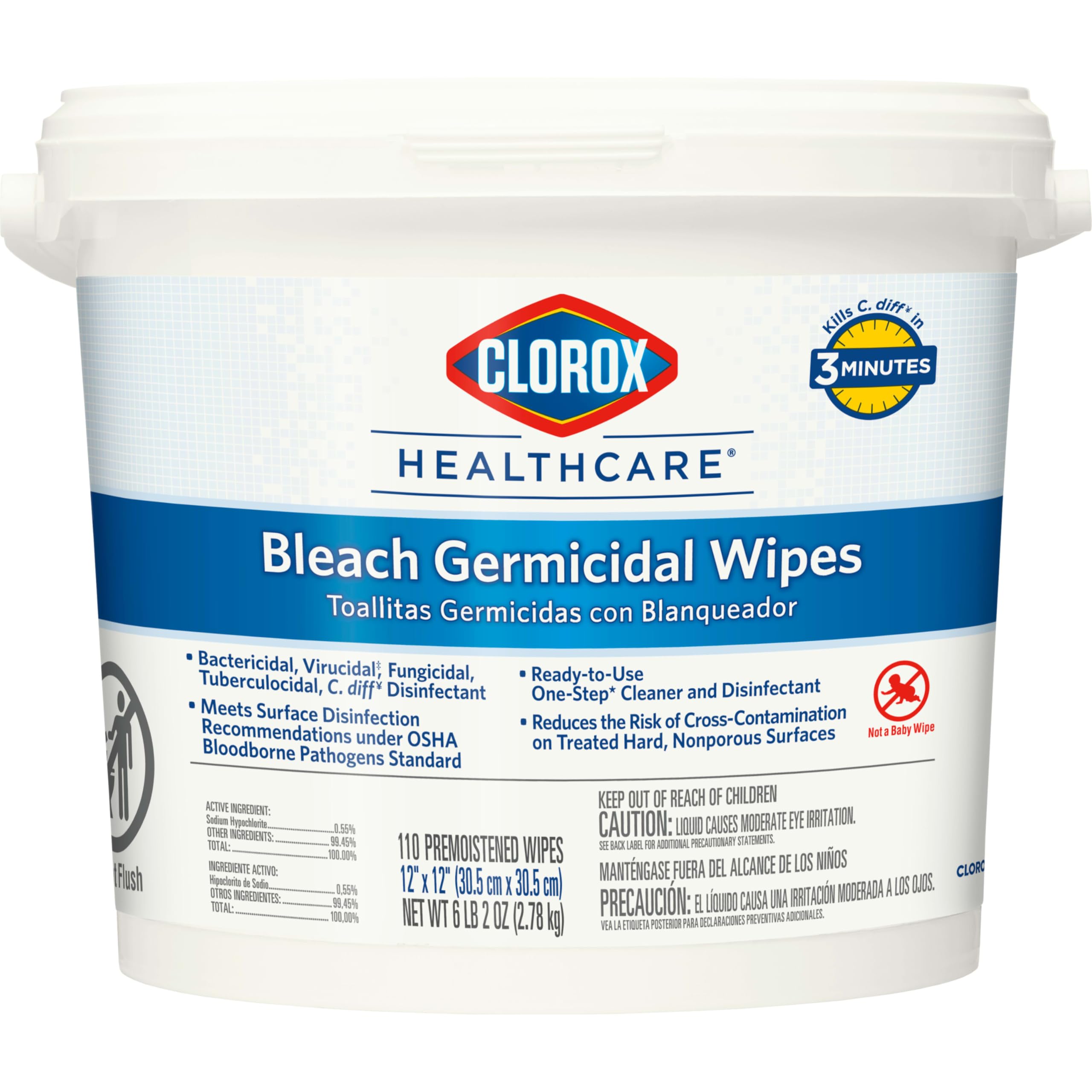 Clorox Healthcare Bleach Germicidal Wipes Bucket, 12" x 12", 110 Count Bucket (Package May Vary)
