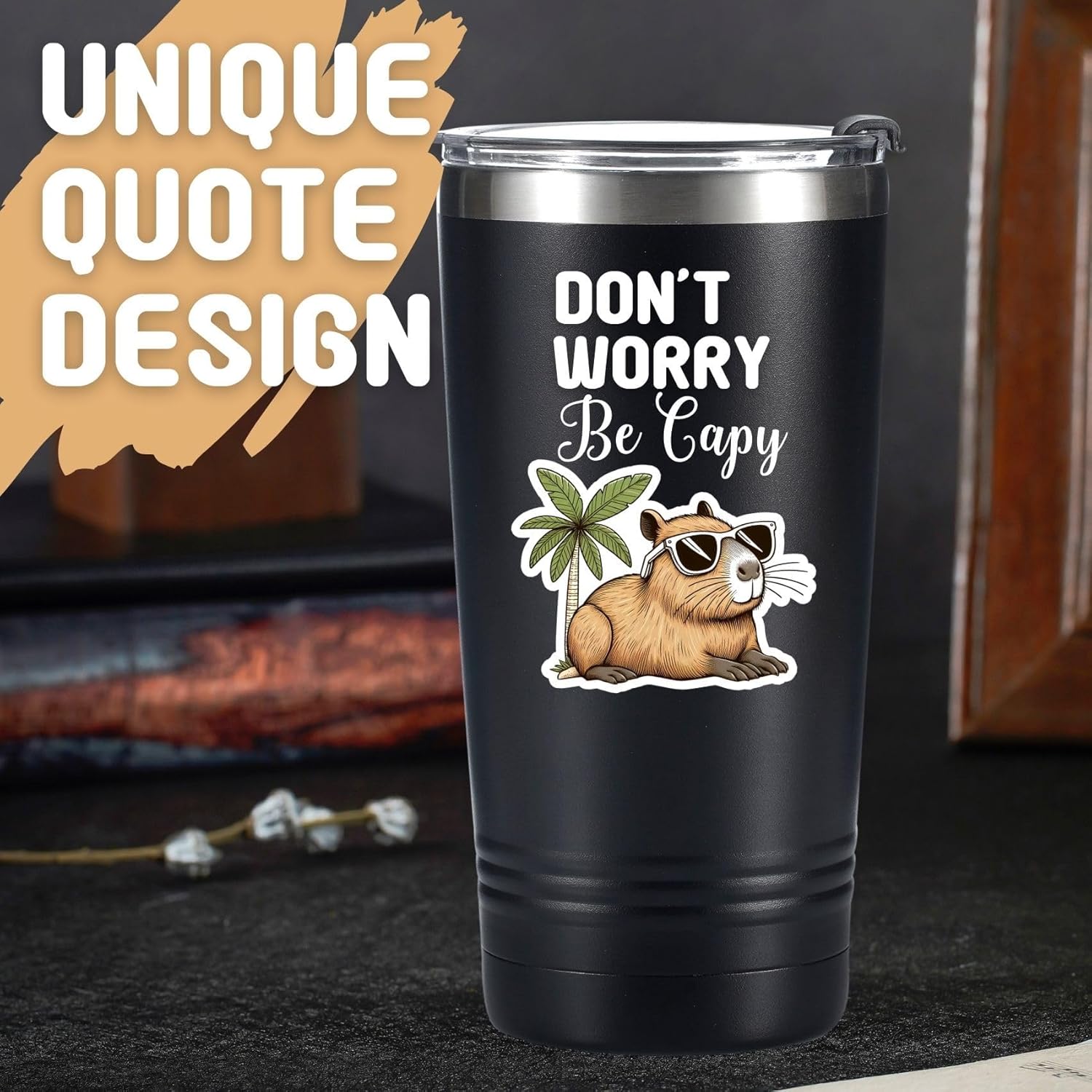 Capybara Gifts, Don't Worry Be Capy, Capybara Themed Gifts for Girls, Women, Capybara Lovers, Onebttle Stainless Steel Tumbler 20OZ Black - Image 2