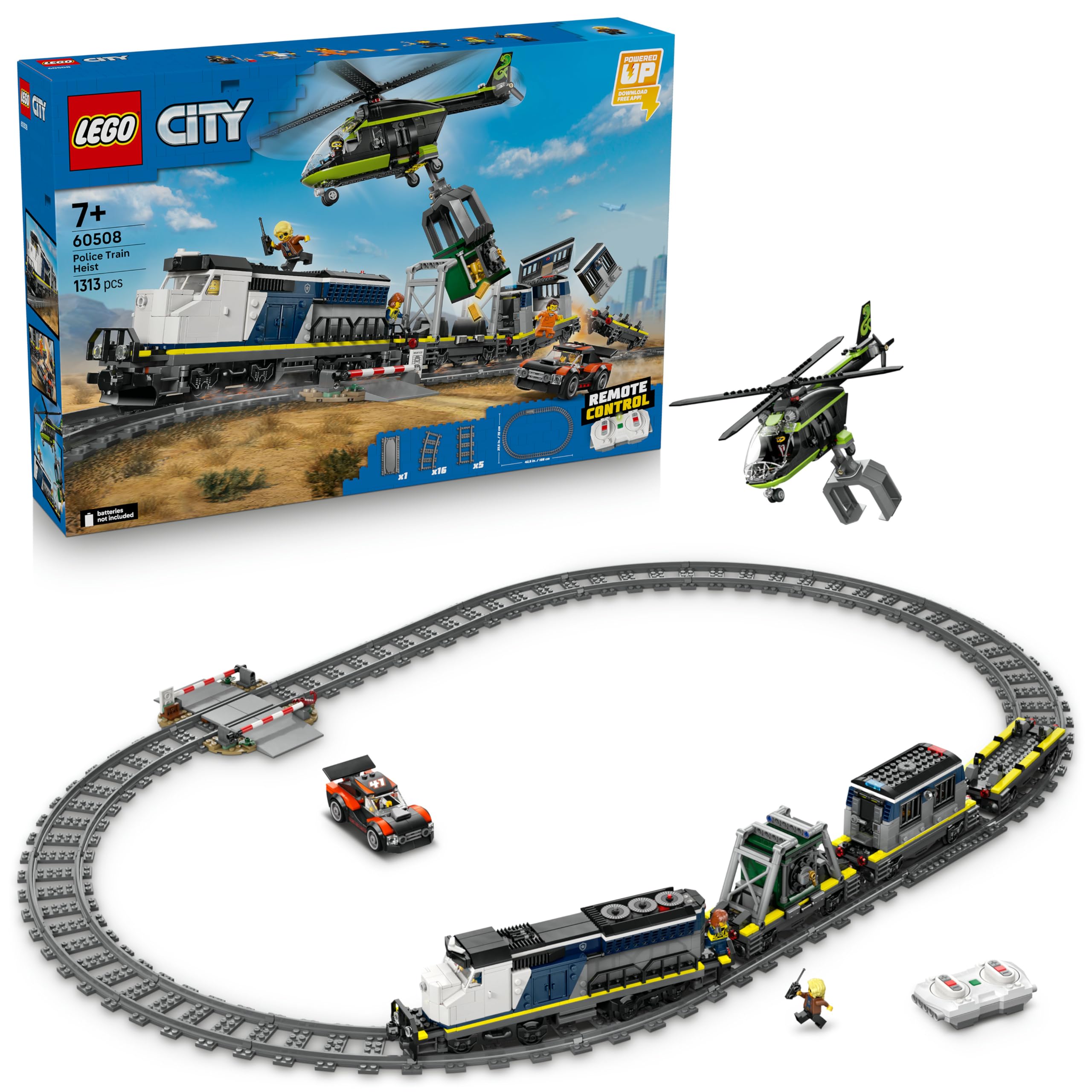 LEGO City Überfall auf den Polizeizug - Ferngesteuerter Spielzeug Zug - Modellbau mit kreisförmiger Strecke, Helikopter, Rallyeauto und 6 Minifiguren - Geschenk für Jungen ab 7 Jahren - 60508