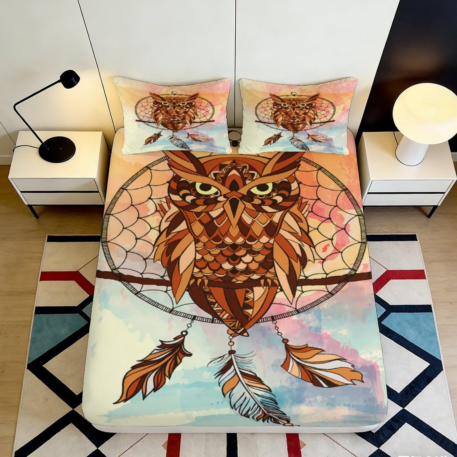 3D Printed Dreamcatcher Owl Fitted Sheet Microfiber Soft Anti-Slip Bed Cover for Bedroom Dorm Mattress Decor 90x200x25cm