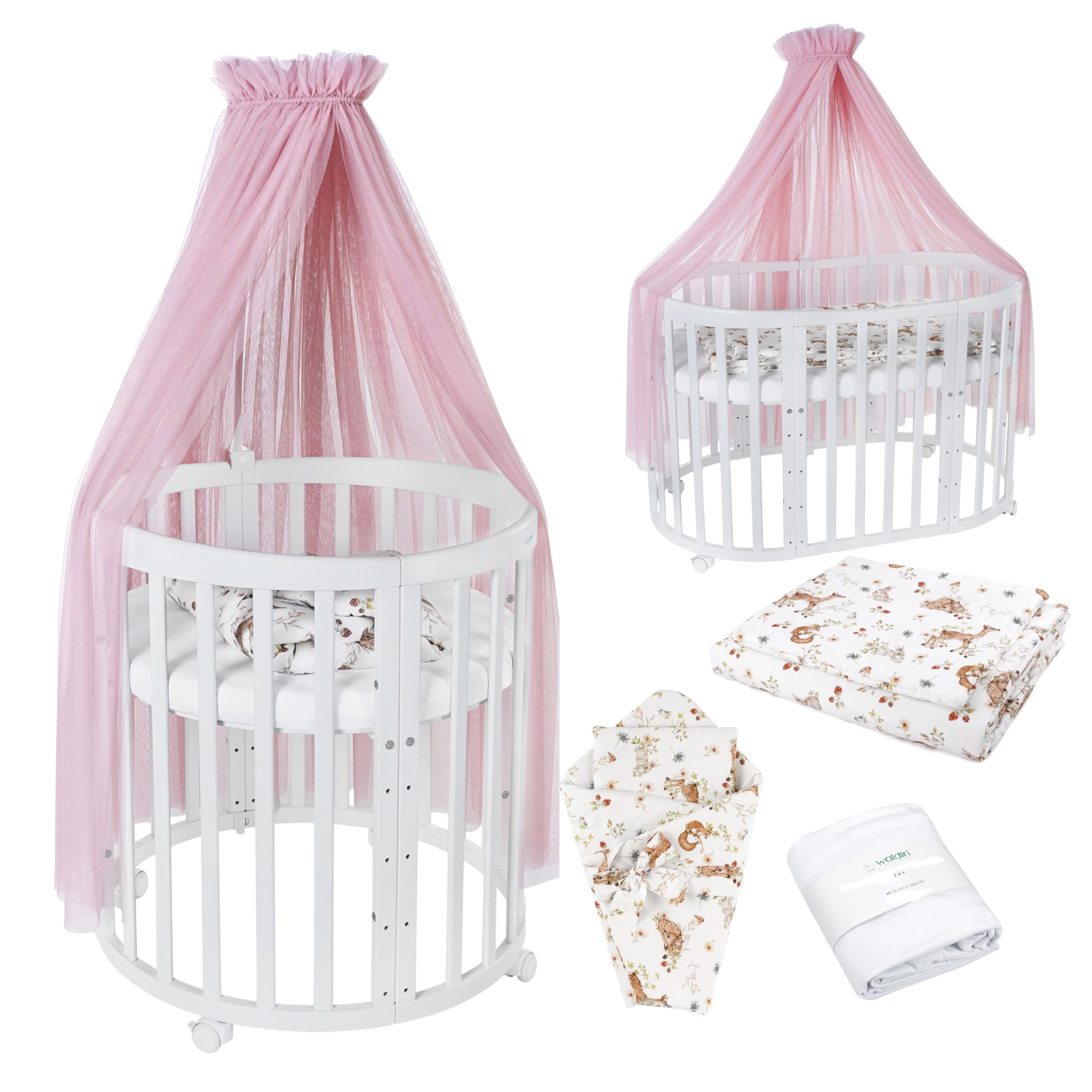 Waldin Oval Baby-Bett Mitwachsend Komplett Set 7in1 – Gitterbett, Wickelkommode, Beistellbett inklusive Matratze und Himmel