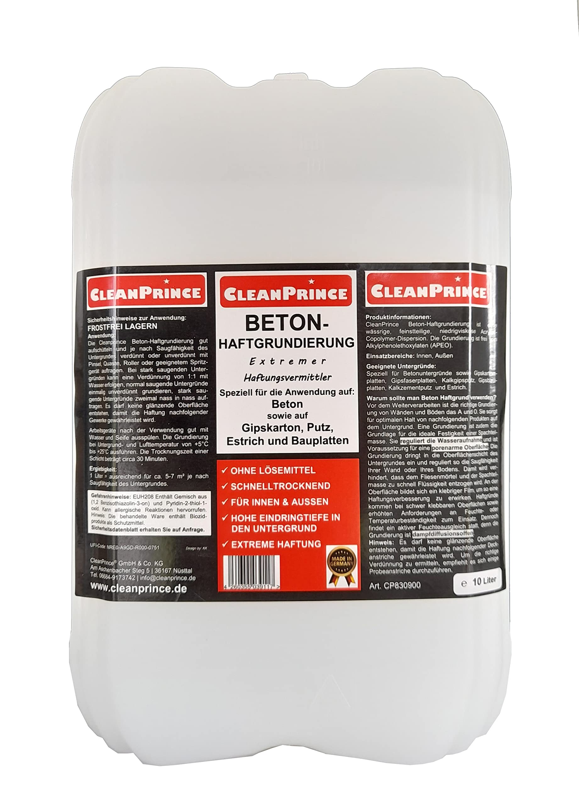 CleanPrince Podkład do betonu 10 litrów CP830900-10000 | bez rozpuszczalników, wewnątrz i na zewnątrz, szybkoschnący, ekstremalny środek przyczepności do betonu, płyt gipsowo-kartonowych, tynku