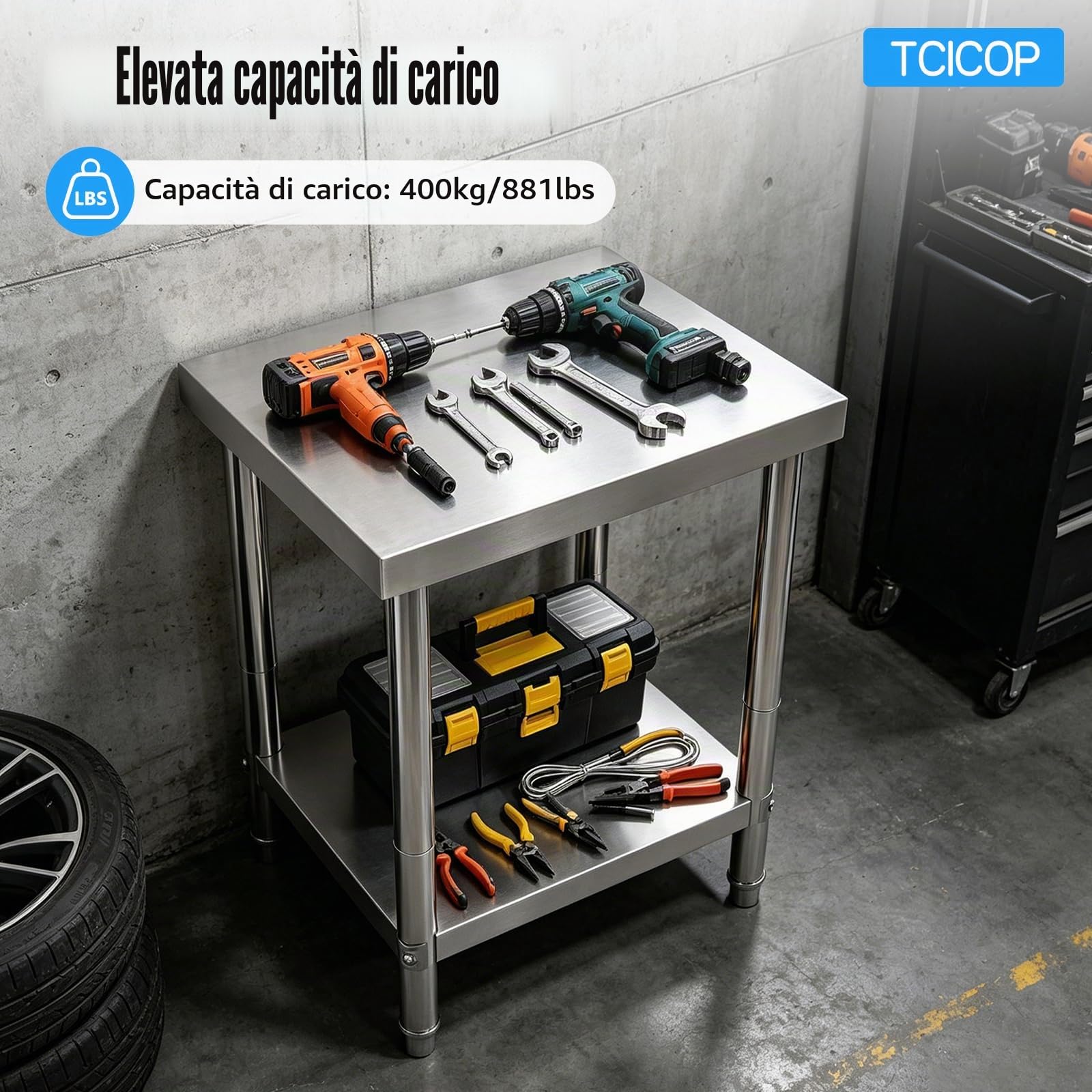 Tavolo da lavoro in acciaio inox, 60 x 60 x 80 cm, portata 400 kg, suola regolabile in metallo, adatto per cucina, sala da pranzo