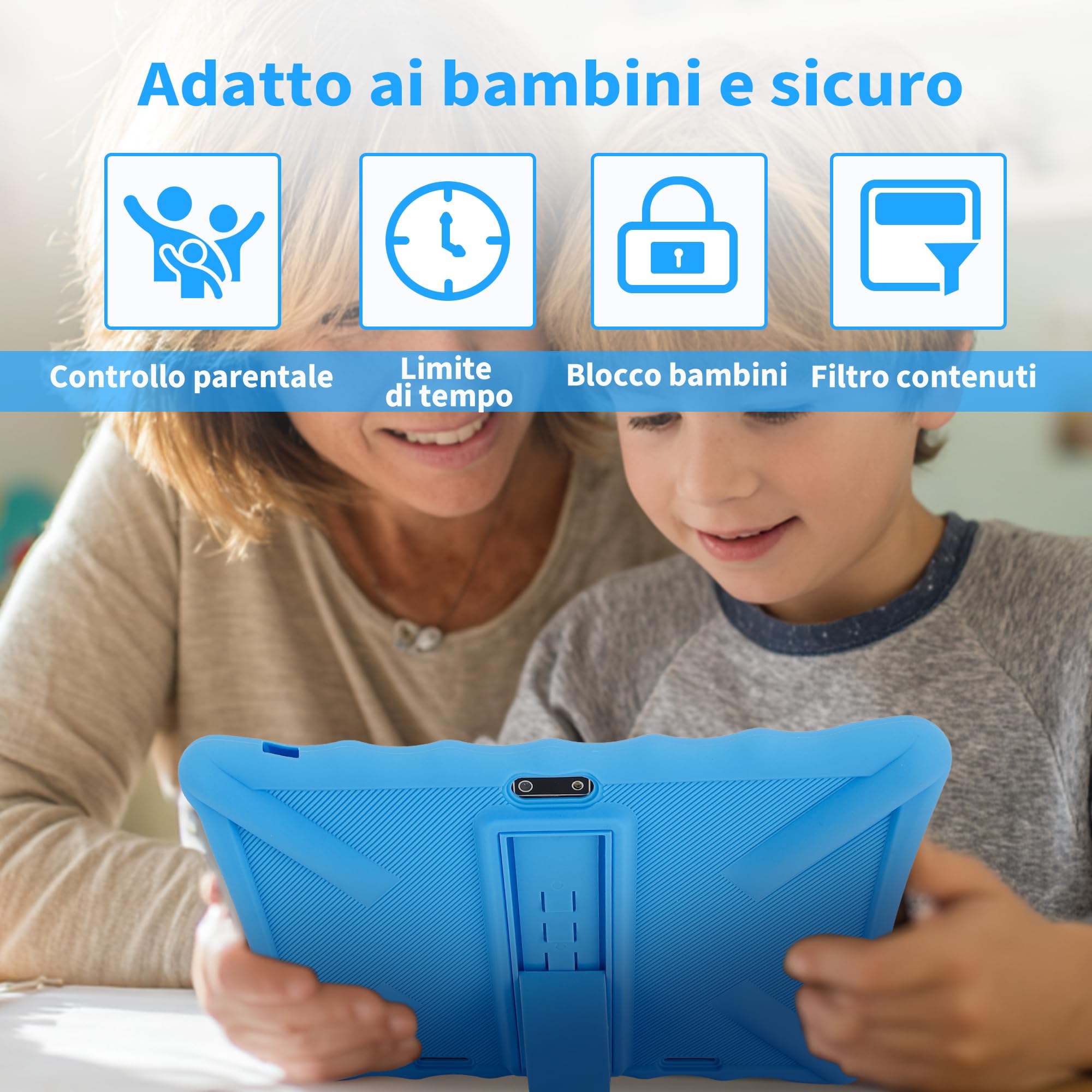 Veidoo Tablet per bambini, schermo IPS da 10,1 pollici, 7 GB (3 + 4) RAM 64 GB ROM, 512 GB espandibile, doppia fotocamera, WiFi 6, tablet Octa-Core Parental Control con custodia protettiva in silicone
