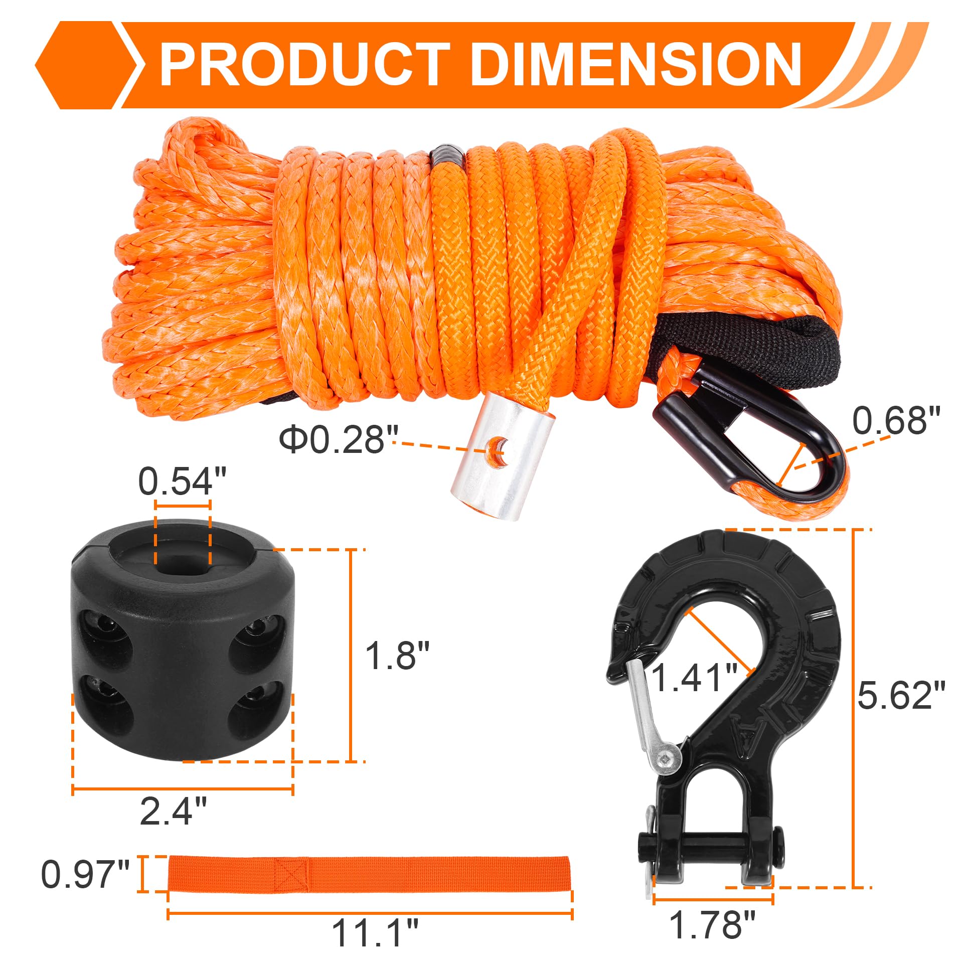Kit de Câble Synthétique Pour Treuil, 1/4"x50' ‌Câble de Treuil Avec Manchon Protection, ‌Crochet Treuil Renforcé et‌ ‌Bouchon En Caoutchouc, ‌Accessoires Treuil Pour (Orange, 1/4"x50')