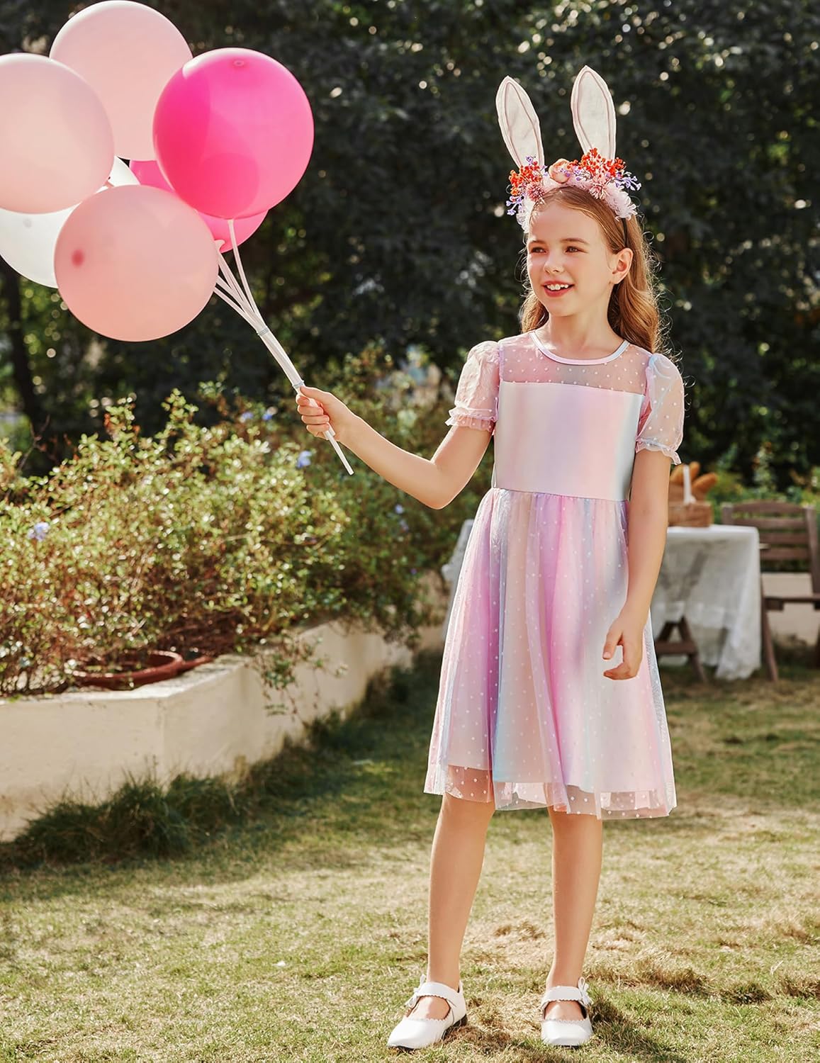 Arshiner Girls Dress Contrast Mesh Puffy Short Sleeve A Line Casual Party Dress 3-12 Years - Image 9