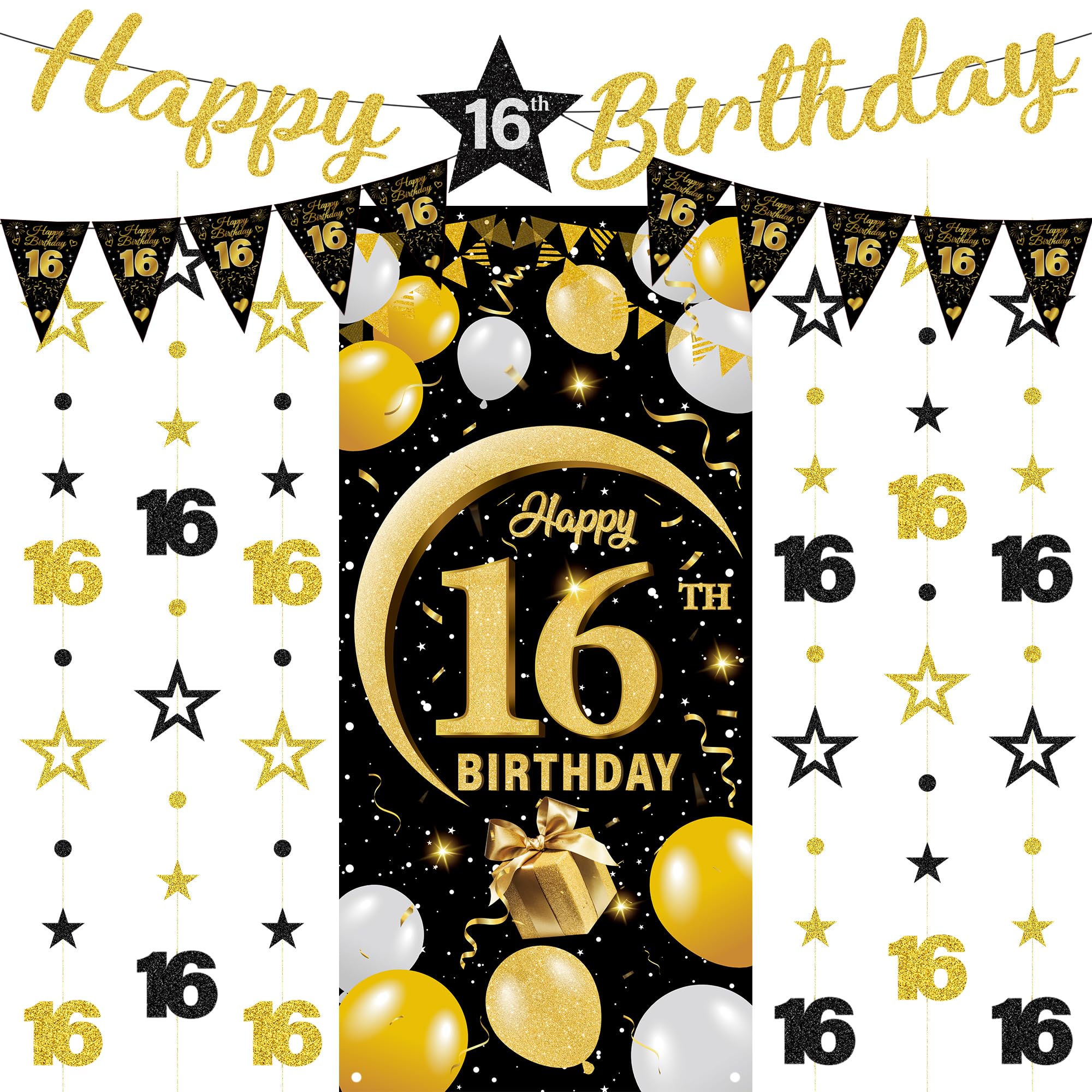 16th Birthday Decorations Banner Set - 9 Pcs Black Gold Happy 16th Birthday Background Banners Triangle Flags Number 16 Circle Dot Twinkle Star Garland for Sixteen Year Old Party Supplies Decor