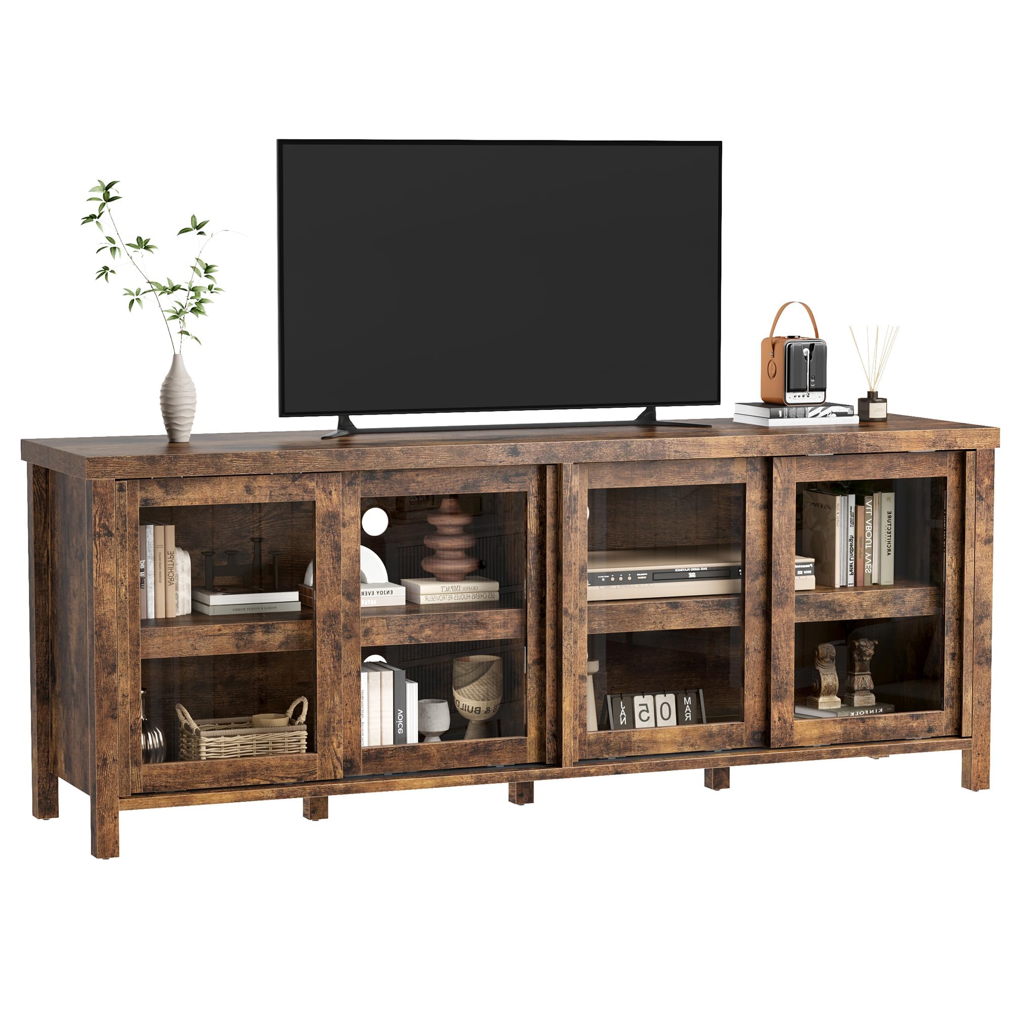 65 Inch TV Stand for Televisions Up to 70 Inches, Modern Entertainment Center with Storage, 4 Sliding Glass Doors, Mid-Century Style Media Console for Living Room，Retro Brown