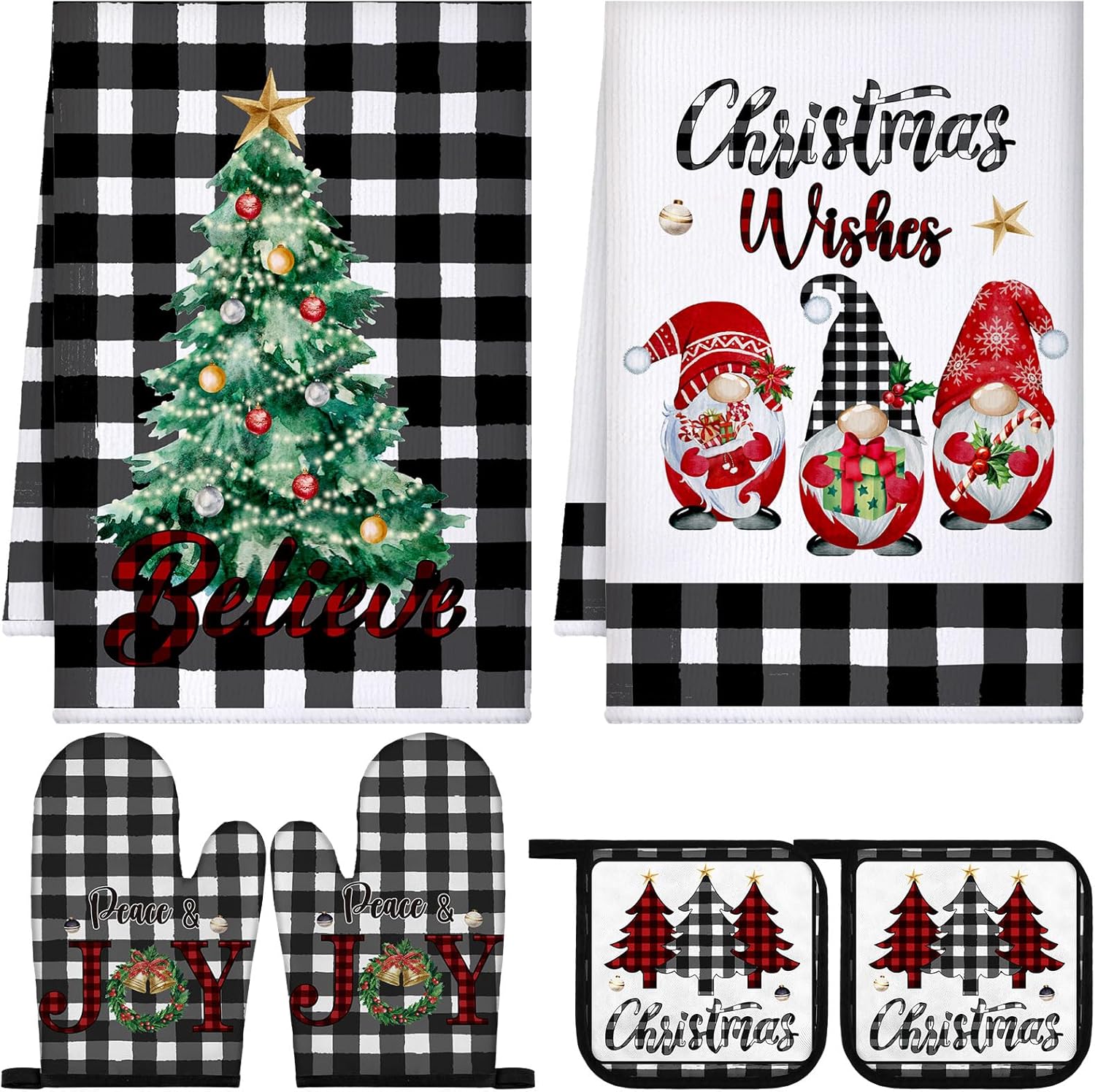 Bencailor 6 Pcs Christmas Kitchen Towel Oven Mitts and Pot Holders Set Christmas Tree Gnome Dish Towels Heat Resistant Oven Gloves for Xmas Kitchen Cooking Baking Grilling