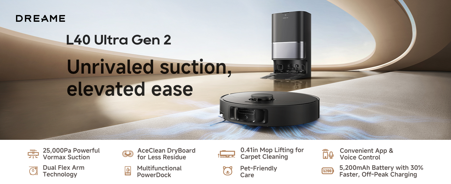 Image of DREAME L40 Ultra Gen 2 Robot Vacuum and Mop with 25,000Pa Suction, Extendable Side Brush and Mop, All-in-One Self-Emptying & Cleaning Dock, Voice & App Control, Black