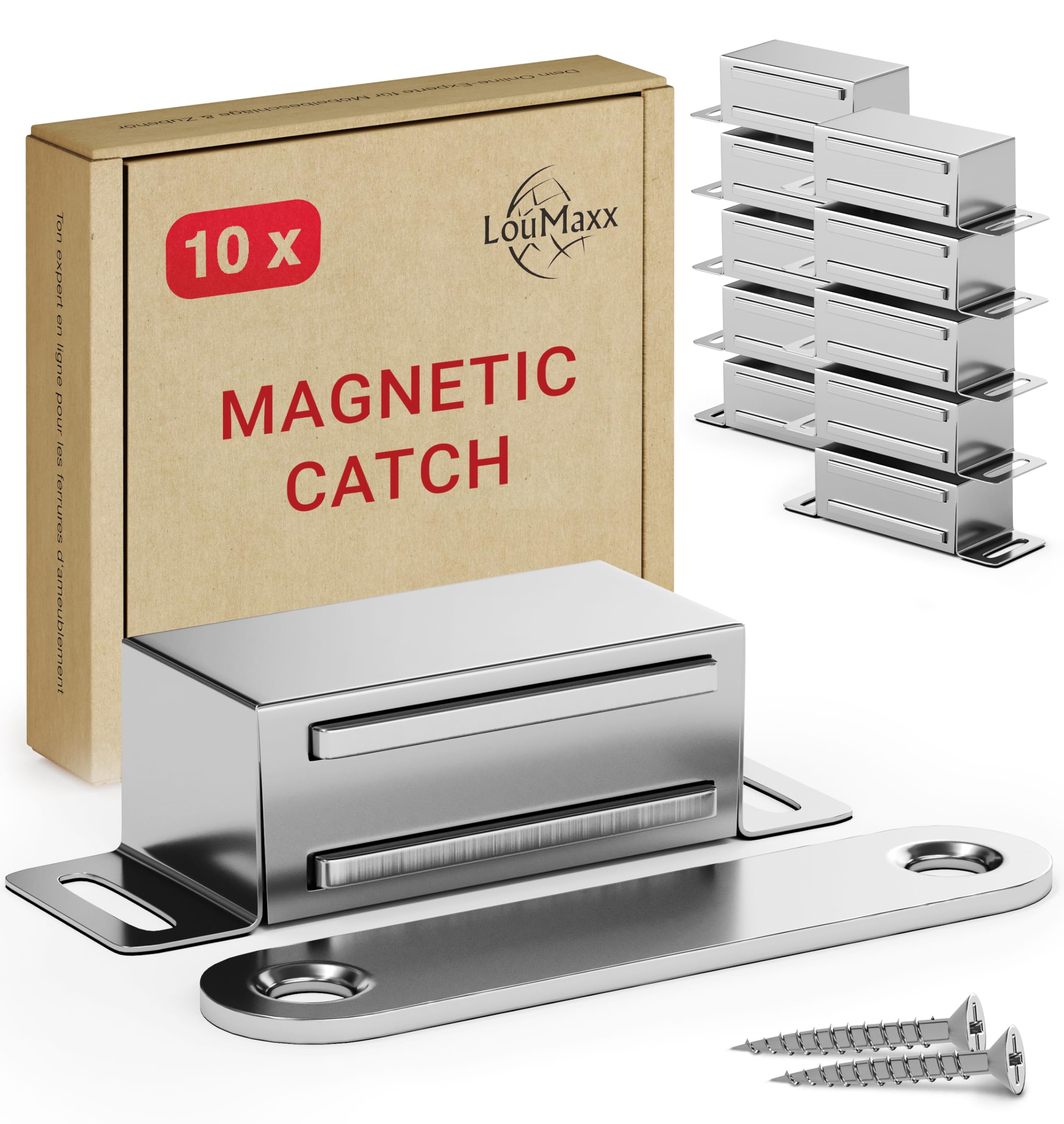 LouMaxx Magnetic Door Catch Strong – Holding Force 4kg – Set of 10 in Stainless Steel – Cabinet Magnets - Door Magnet - Door Magnetic Catch - Magnetic Cabinet Latch - Magnetic Door Latch
