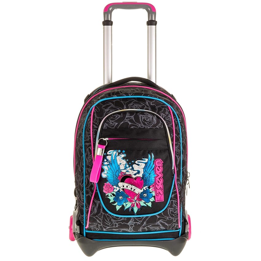 Seven Trolley Jack Zaino Scuola 3 Ruote, Multicolore - Trolley Scomponibile, Carrello Sganciabile, 3 Usi in 1 Uso Zaino con Spallacci a Scomparsa, Bambina Scuola Elementare, nero rosa